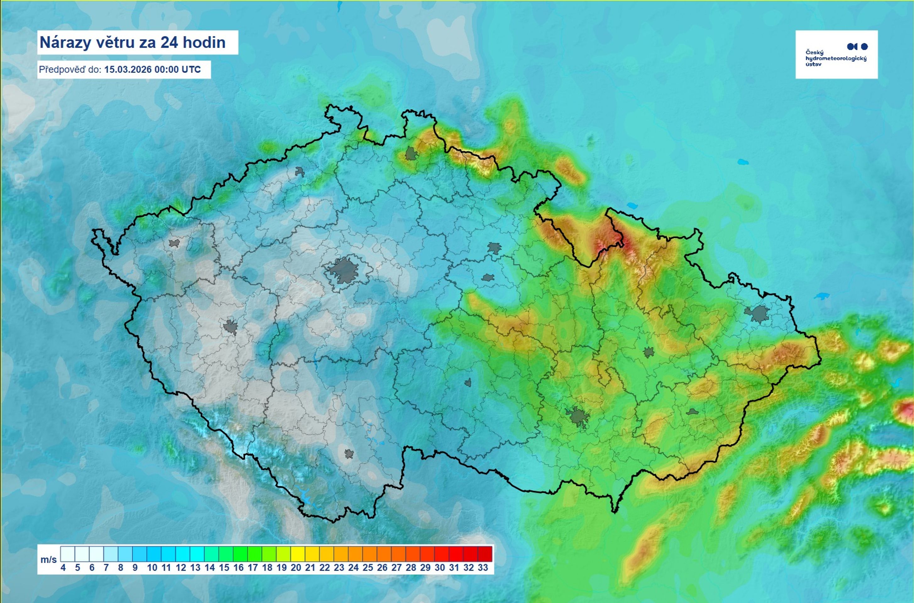 Mapa – nárazy větru za 24 hodin - Víkendové počasí (2/3)