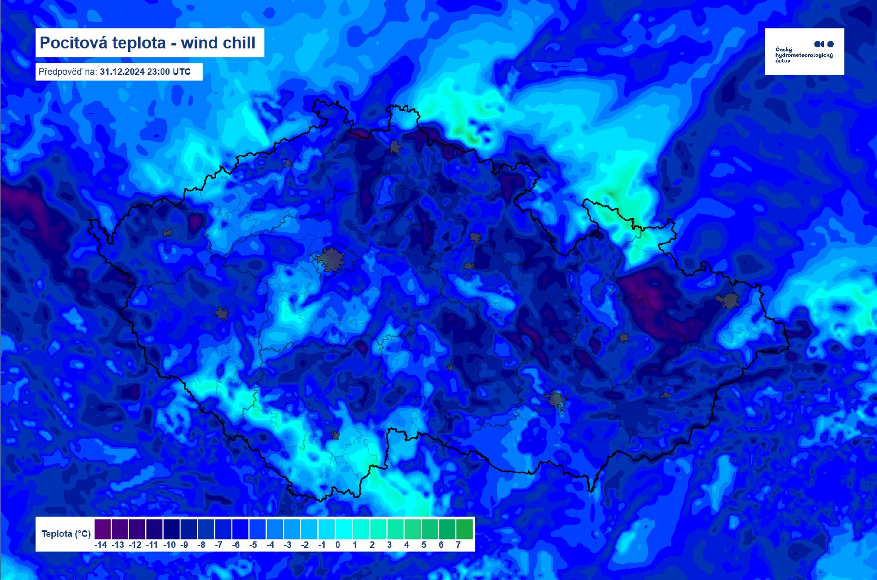 Pocitová teplota, předpověď na 31. 12. 2024 23.00. - Předpověď počasí (3/4)