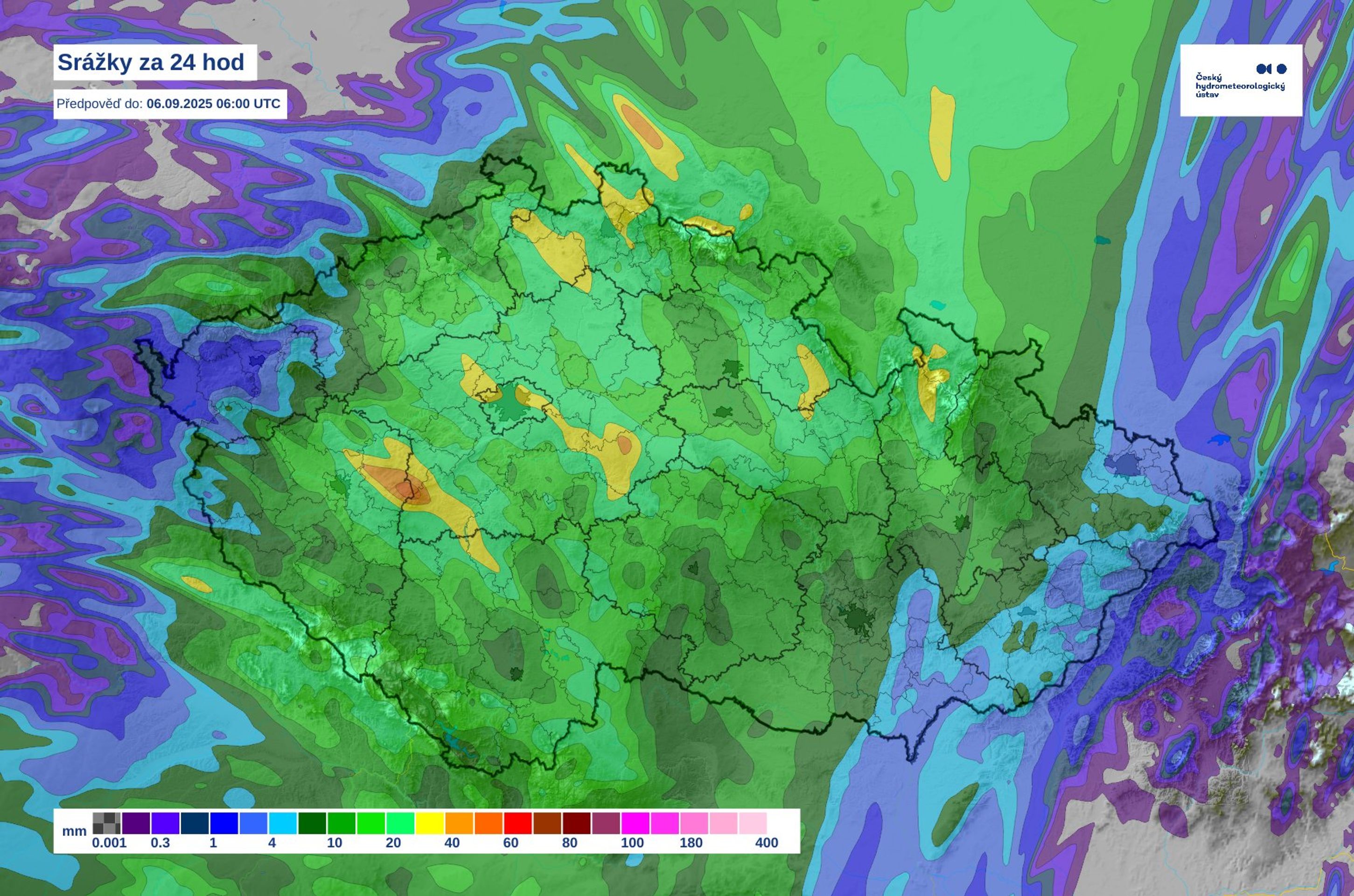 Mapa skutečných srážek - Mapa počasí – 6. 9. 2025 (2/4)