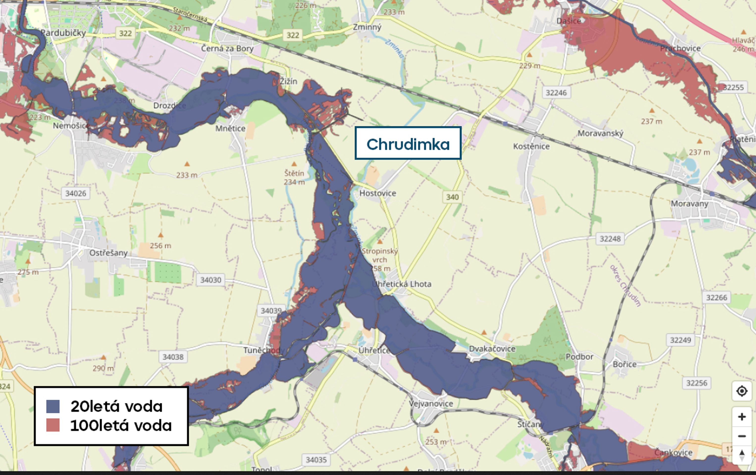 Povodňové mapy - Chrudimka - 20letá a 100letá voda (4/20)