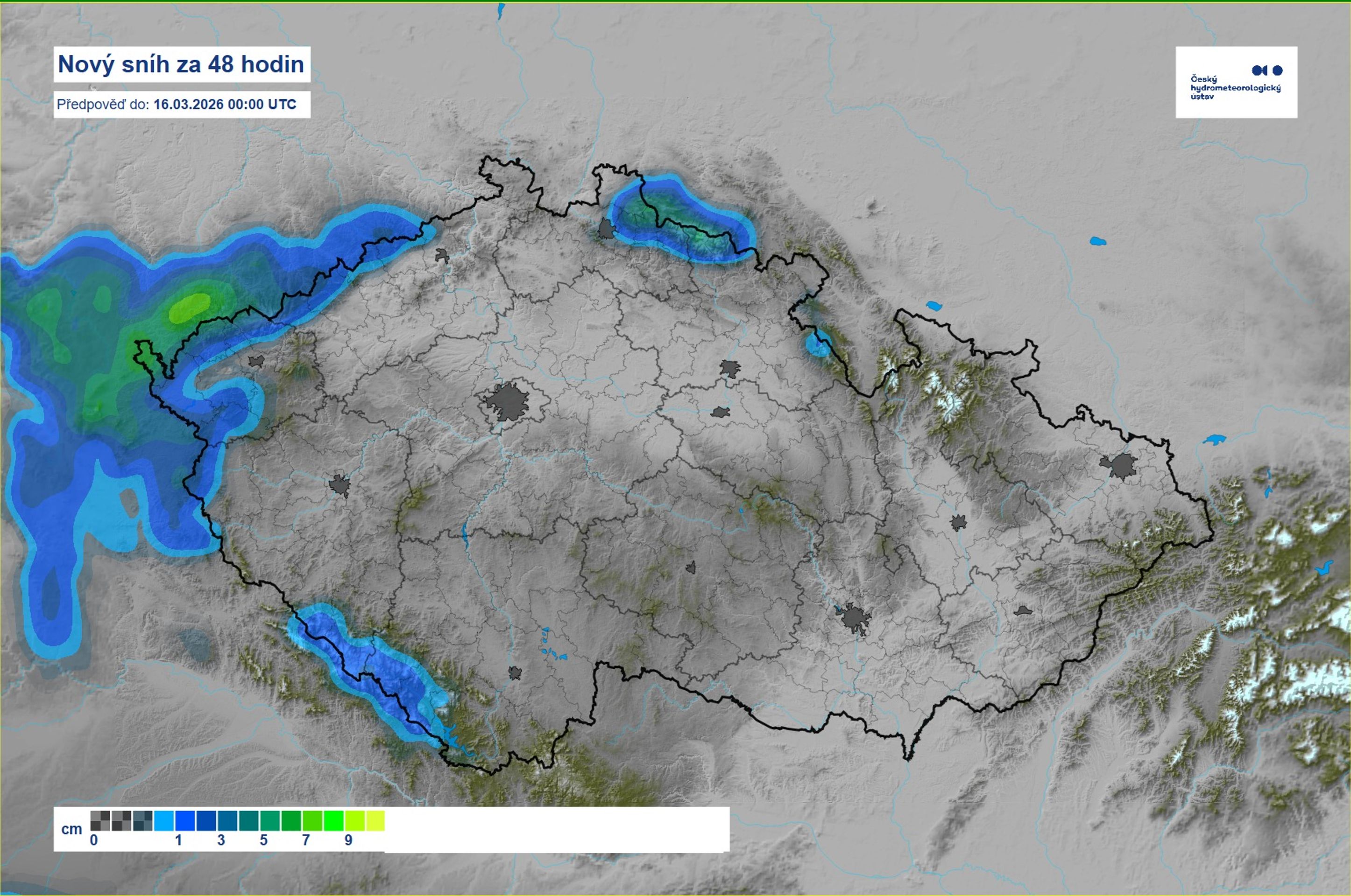 Mapa – nový sníh za 48 hodin - Víkendové počasí (1/3)