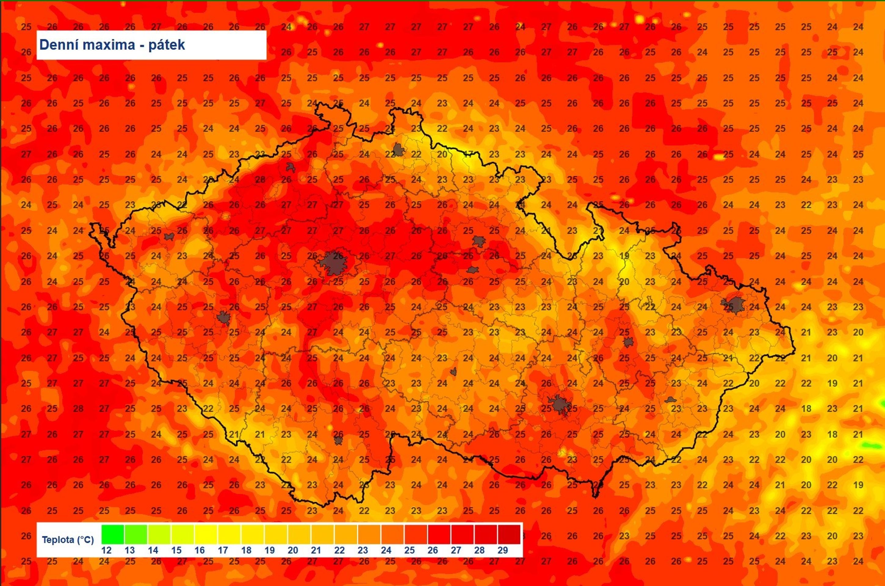 Denní maxima pátek 2. 5. 2025 - Předpověď počasí (1/3)