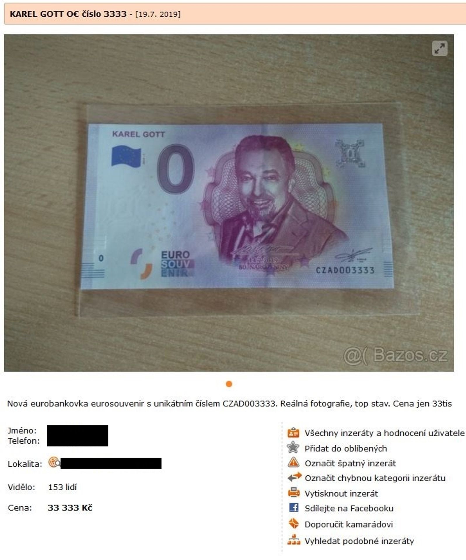 Bankovky s Karlem Gottem se prodávají za desítky tisíc - 2 - GALERIE: Výběr nejdražších inzerátů bankovek s Karlem Gottem (5/6)