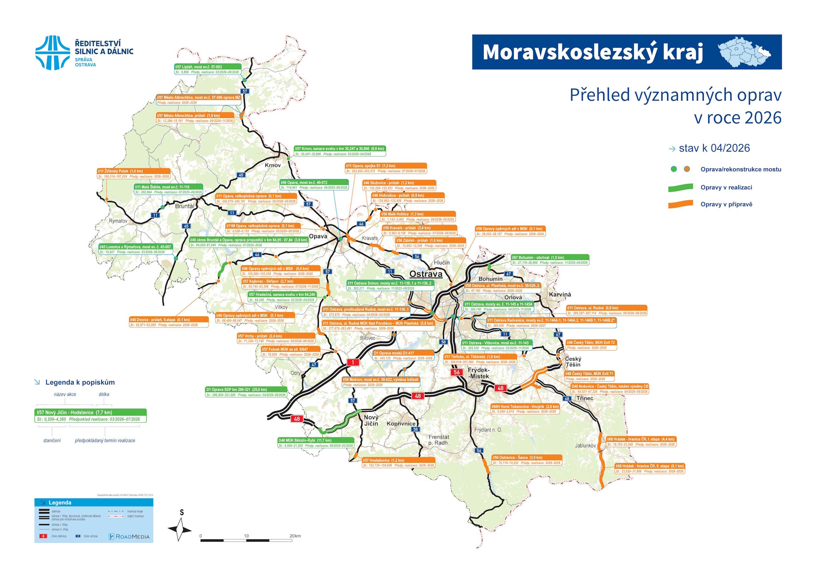 Přehled významných oprav v roce 2026 – Moravskoslezský kraj - Stavby připravované k zahájení a přehled významných oprav v roce 2026 (9/13)