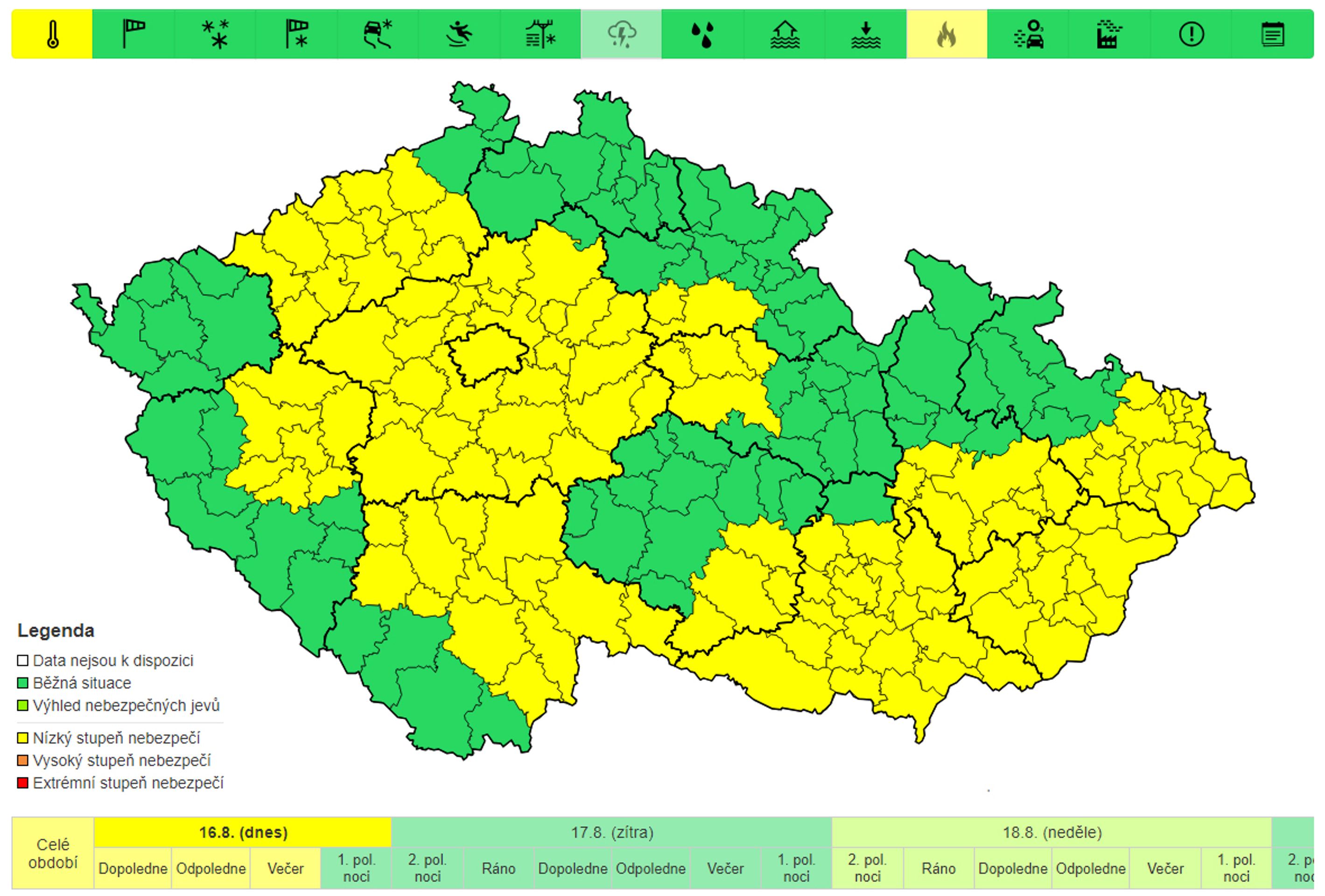 Výstraha před vysokými teplotami, pátek 16. 8. - Výstrahy na nejbližší dny (2/4)