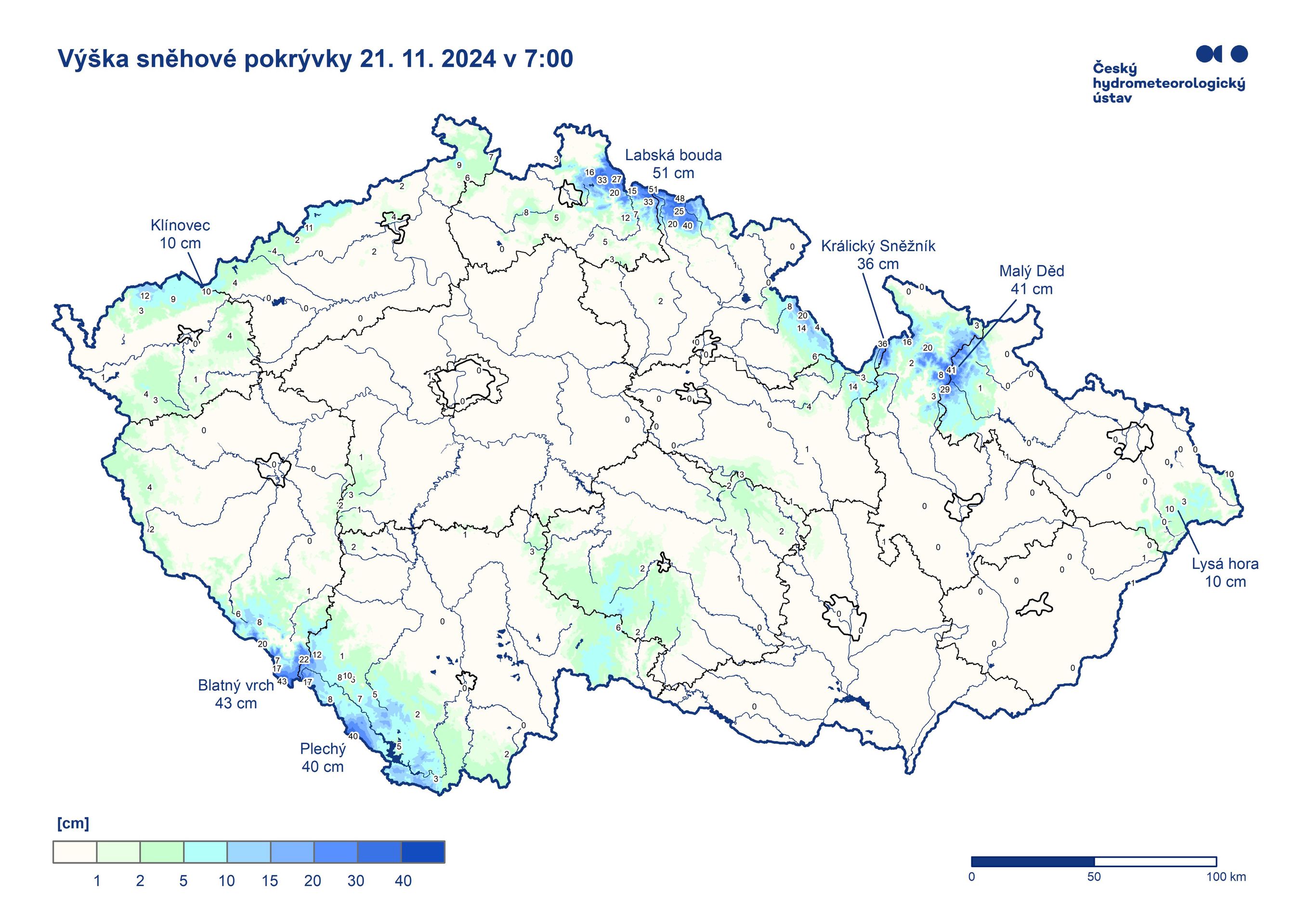 Výška sněhové pokrývky, 21. listopadu 2024 - Výstraha před počasím, 21. listopadu 2024 (3/3)