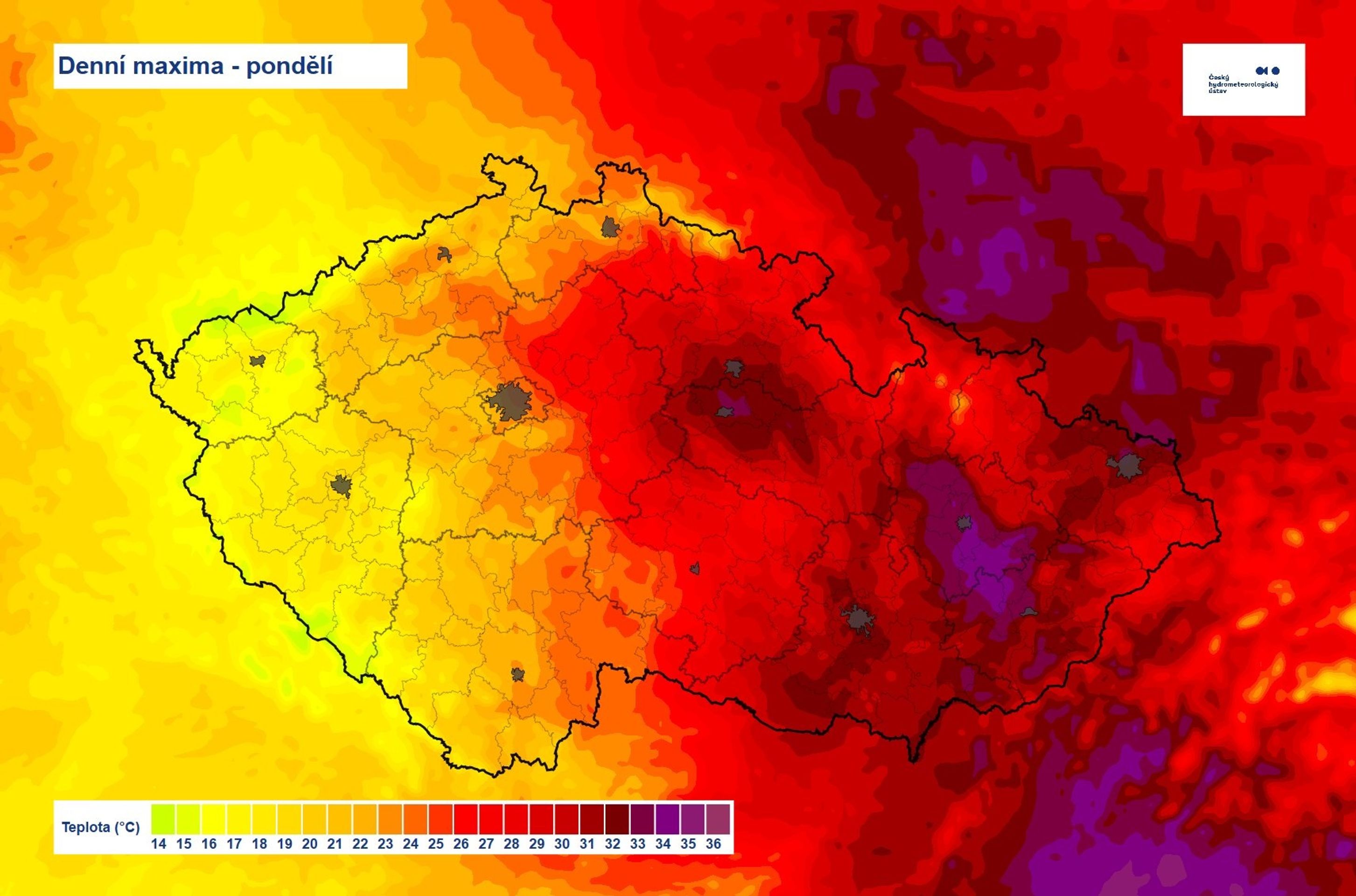 Denní maxima – pondělí 21. 7. 2025 - Předpověď počasí (1/3)