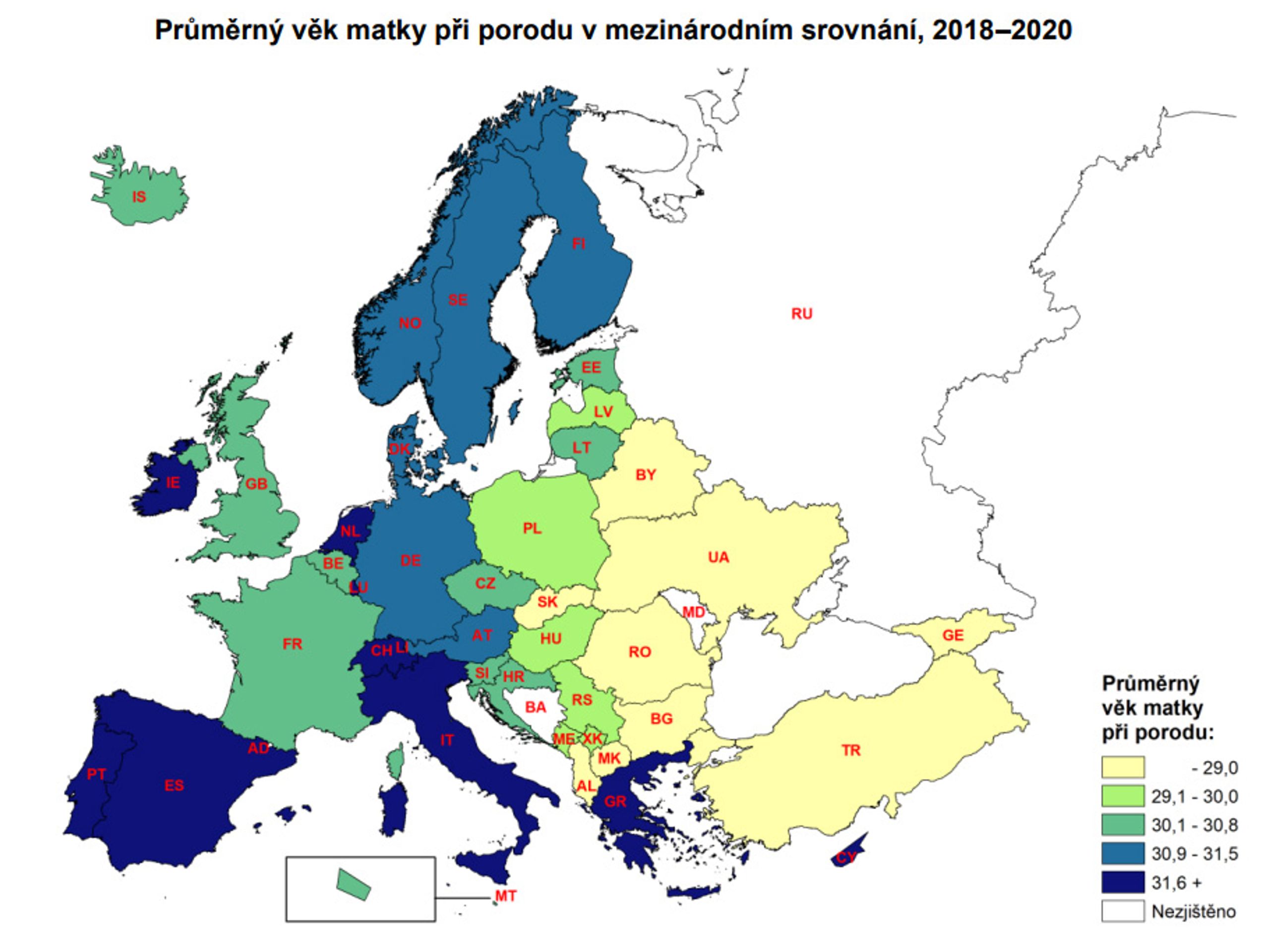 Graf - Průměrný věk matky při porodu v mezinárodním srovnání - Plodnost vzrostla (6/6)