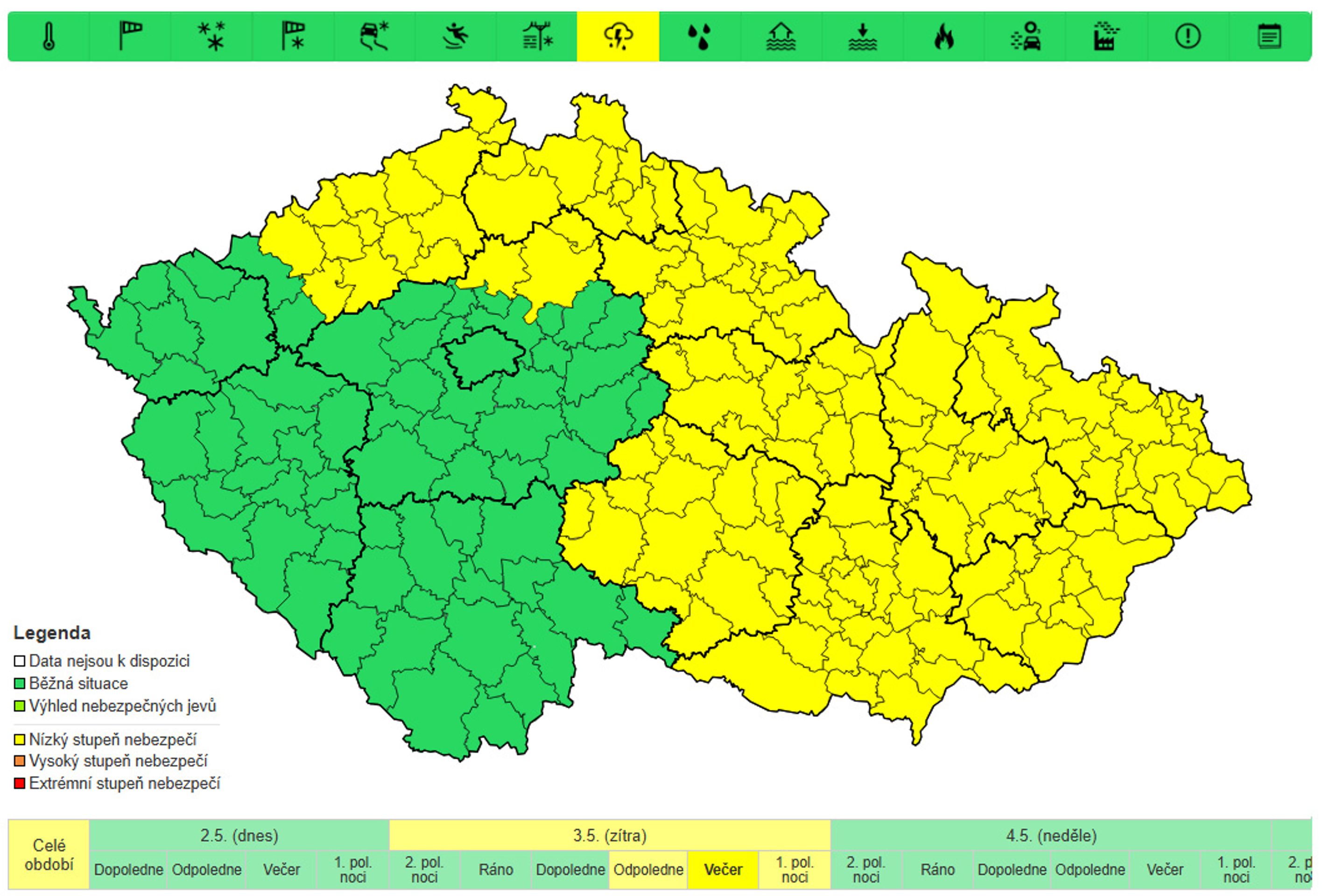 Výstraha před bouřkami, 3. 5. 2025 večer - Výstraha před bouřkami (2/3)