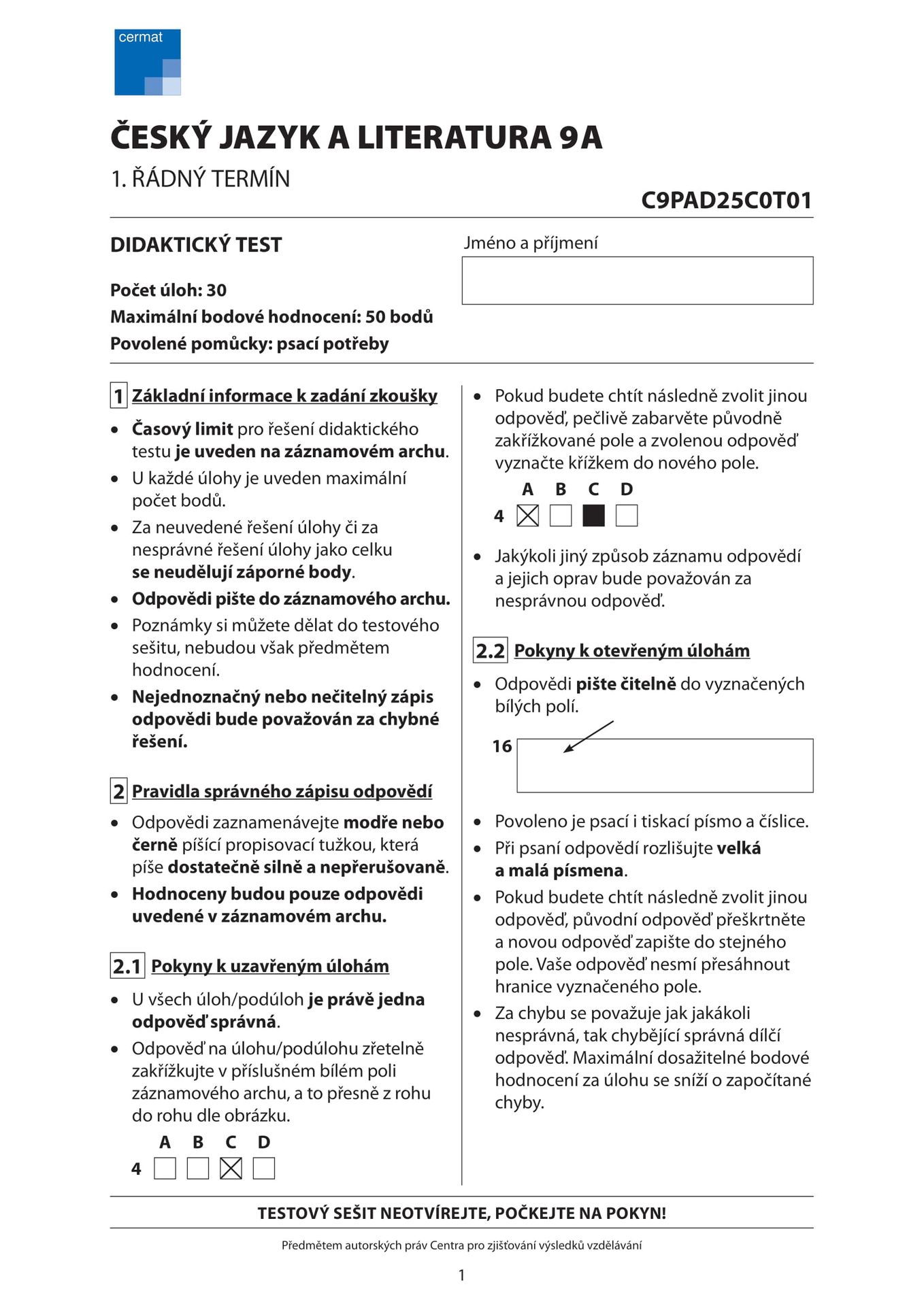 Didaktický test z českého jazyka a literatury - 1. řádný termín  (1) - Didaktický test z českého jazyka a literatury - 1. řádný termín (1/11)