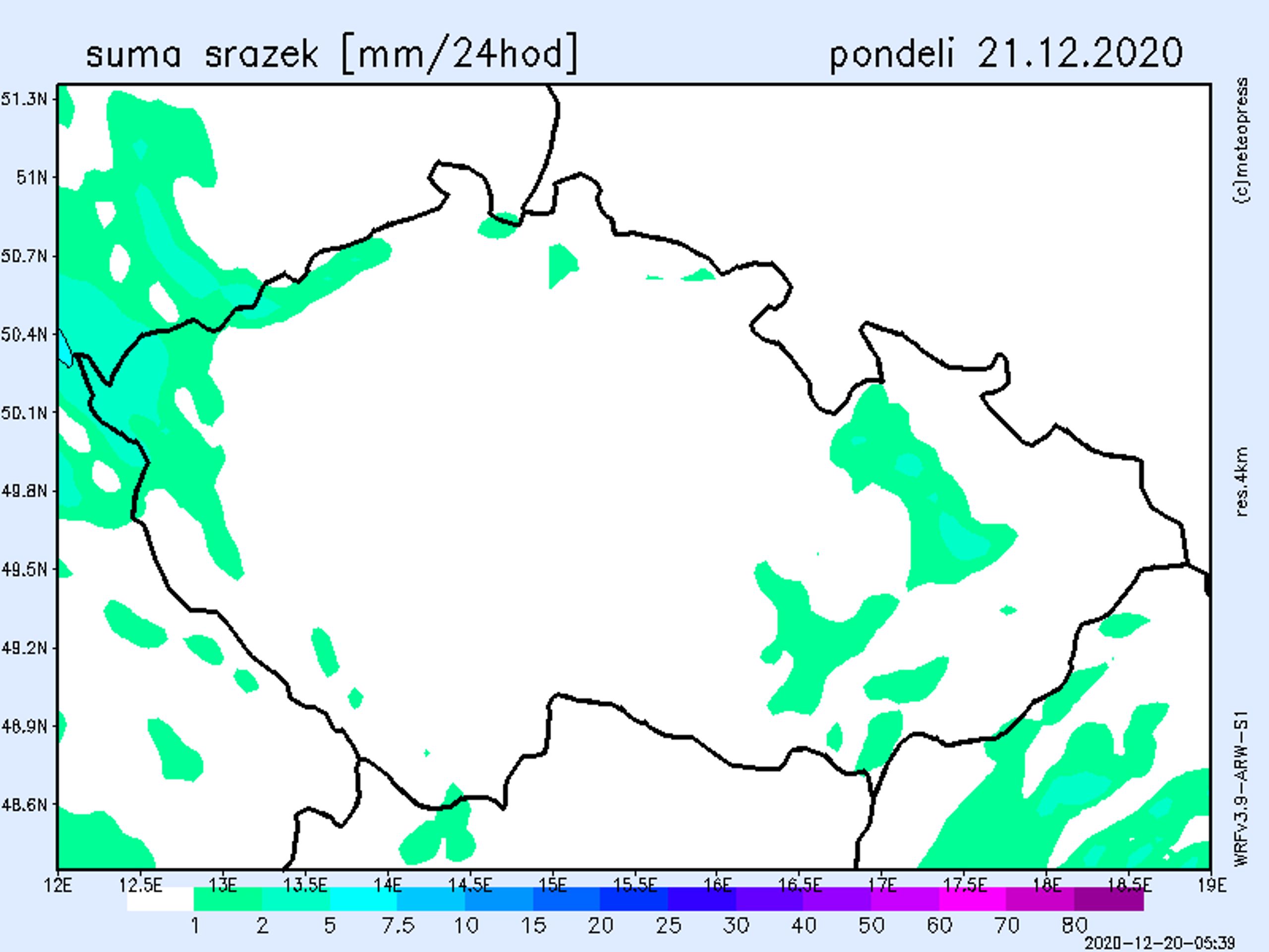 Mapa srážek - pondělí 21. 12. 2020 - GALERIE: Srážkové mapy na začátek vánočního týdne (1/3)
