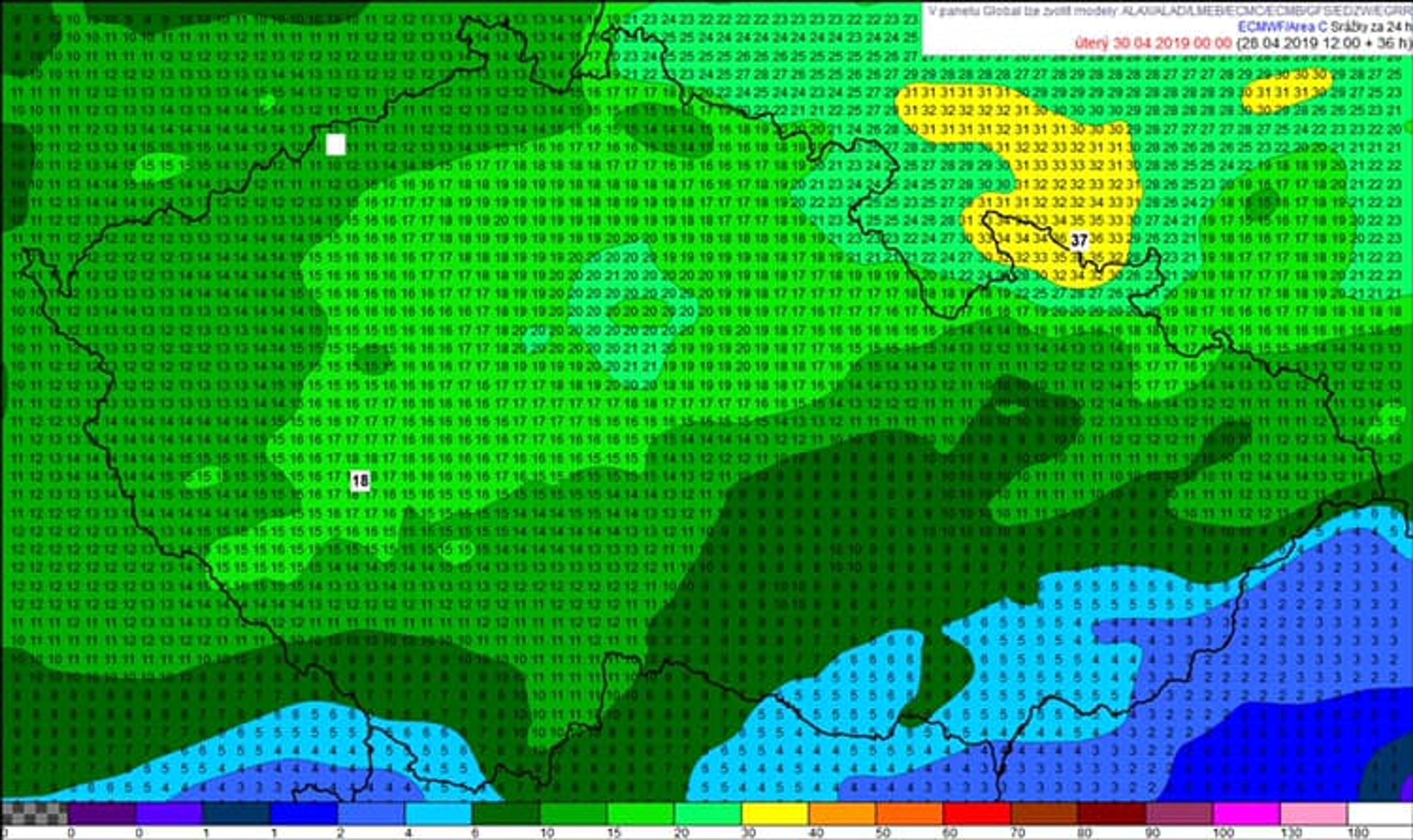 Mapa srážek za 24 hodin (29. 4. 0:00 - 30. 4. 0:00) - GALERIE: Do Česka dorazil vydatný déšť (3/4)