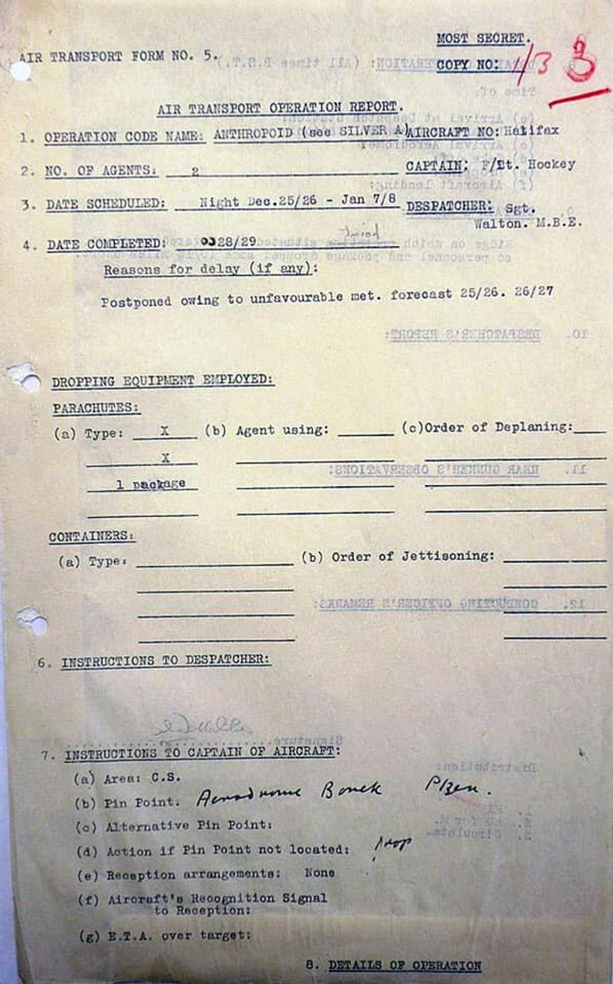 Hlášení o provedení výsadku skupiny Anthropoid - Výsadek Anthropoid (3/5)