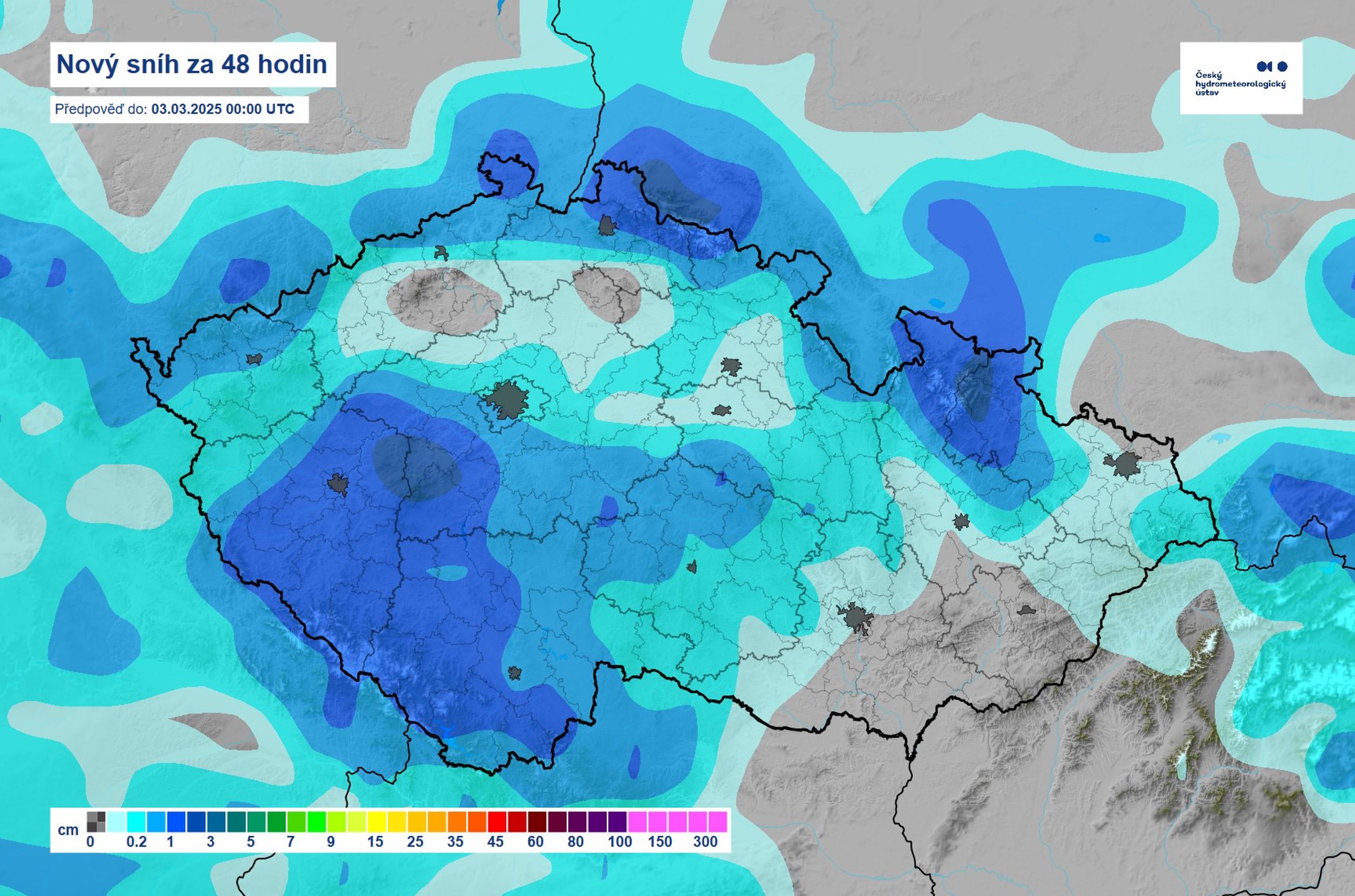 Nový sníh za 48 hodin, předpověď do 3. 3. 2025 - Předpověď počasí (3/3)