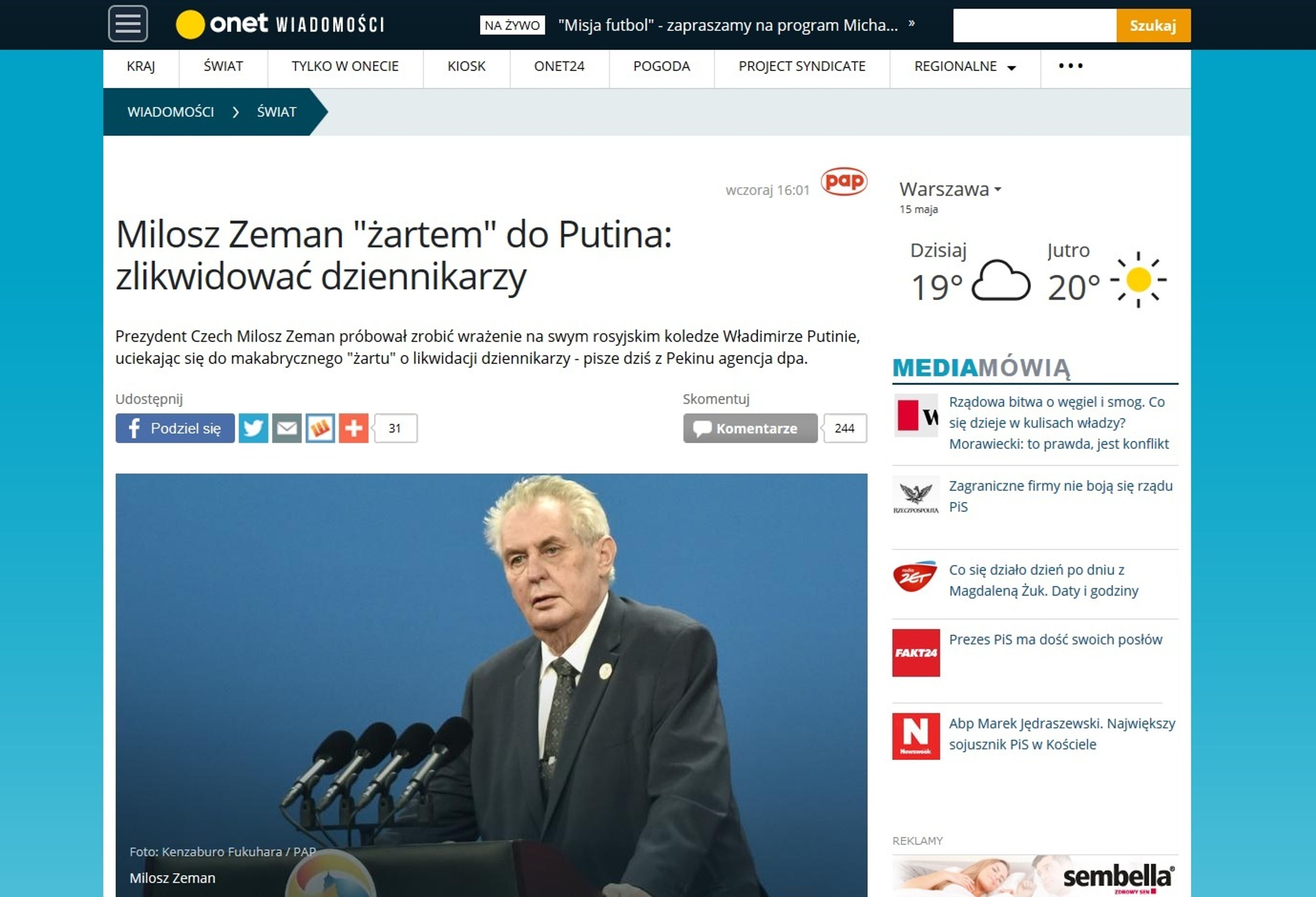 Světová média: Zeman žertoval s Putinem o likvidaci novinářů - 6 - GALERIE: Světová média informují o Zemanově žertu s likvidací novinářů (5/10)