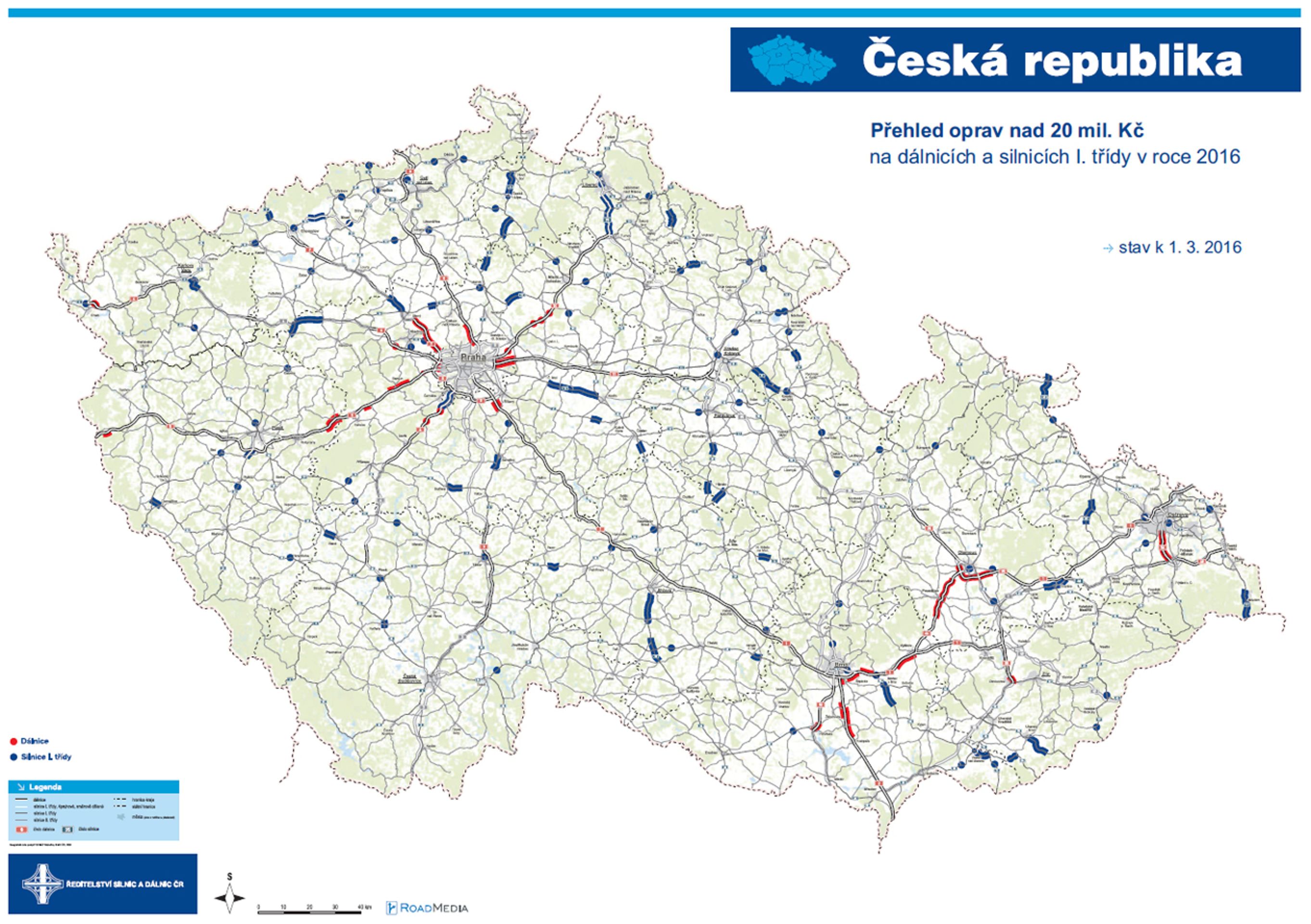 Mapa - Přehled oprav nad 20 mil. Kč - GALERIE: Opravy a modernizace silnic a dálnic v roce 2016 (4/4)