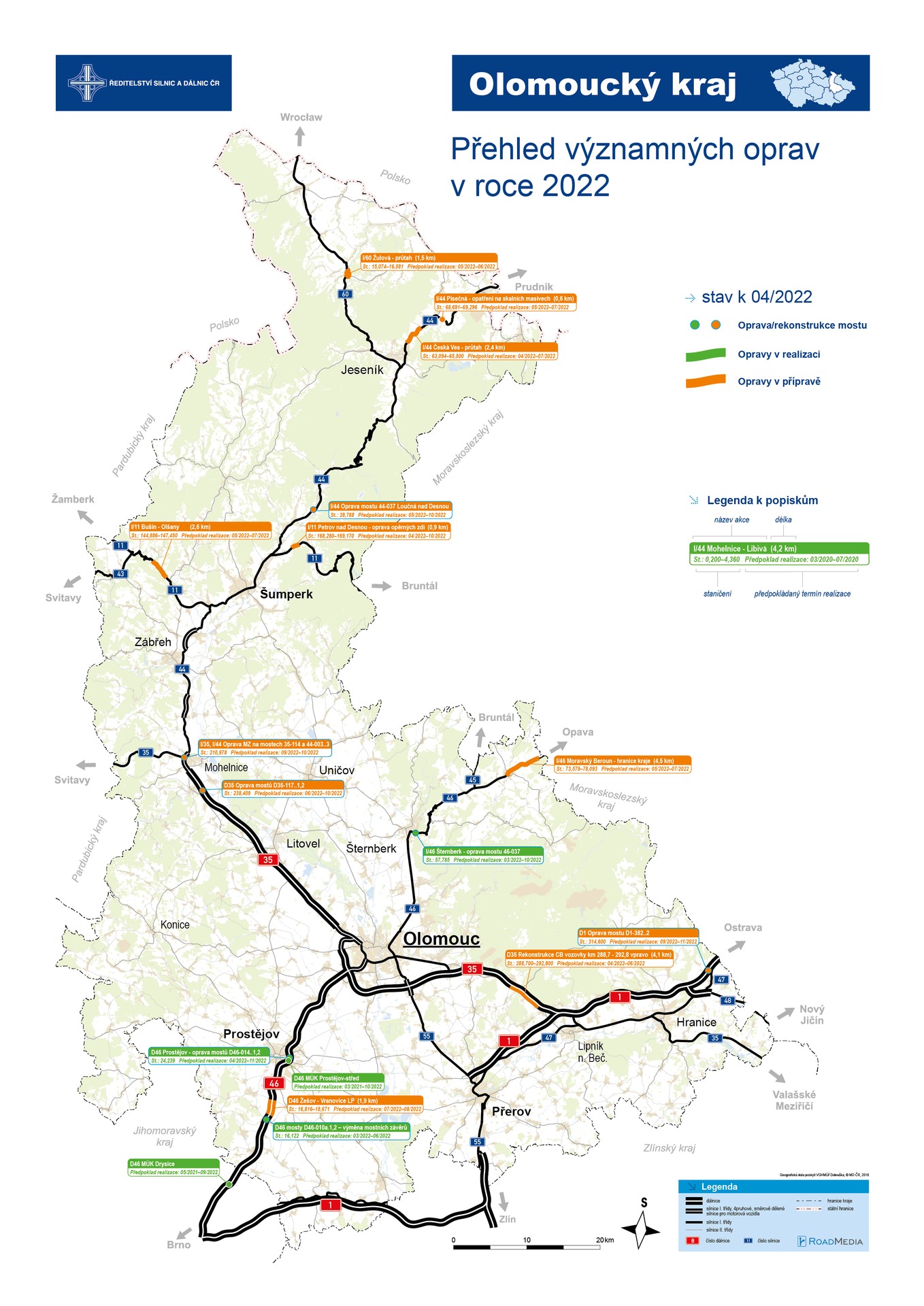 Mapa oprav - Olomoucký kraj - Mapy oprav silnic v roce 2022 (12/13)
