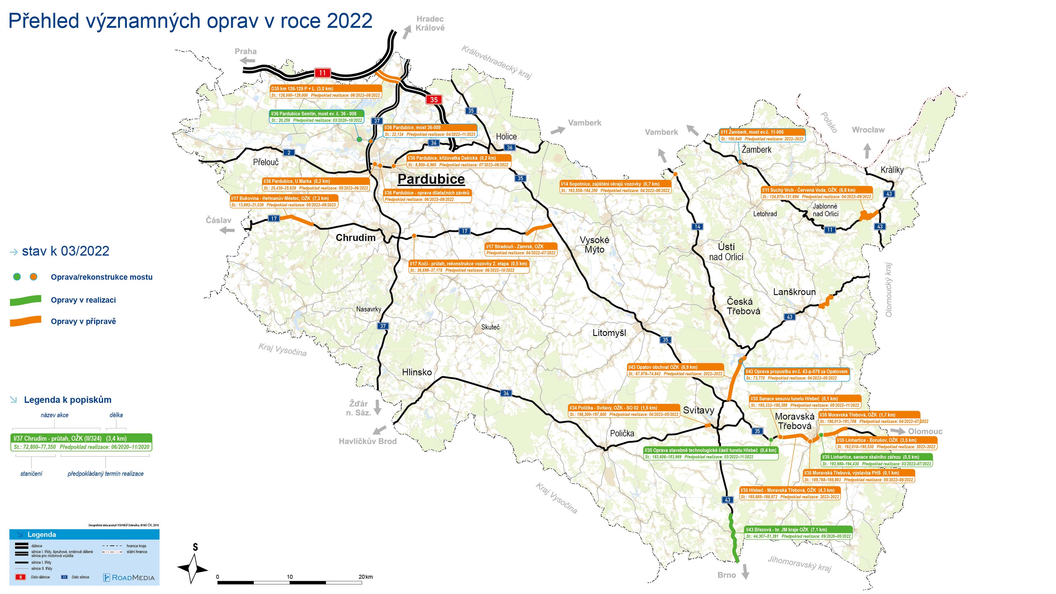Mapa oprav - Pardubický kraj - Mapy oprav silnic v roce 2022 (7/13)