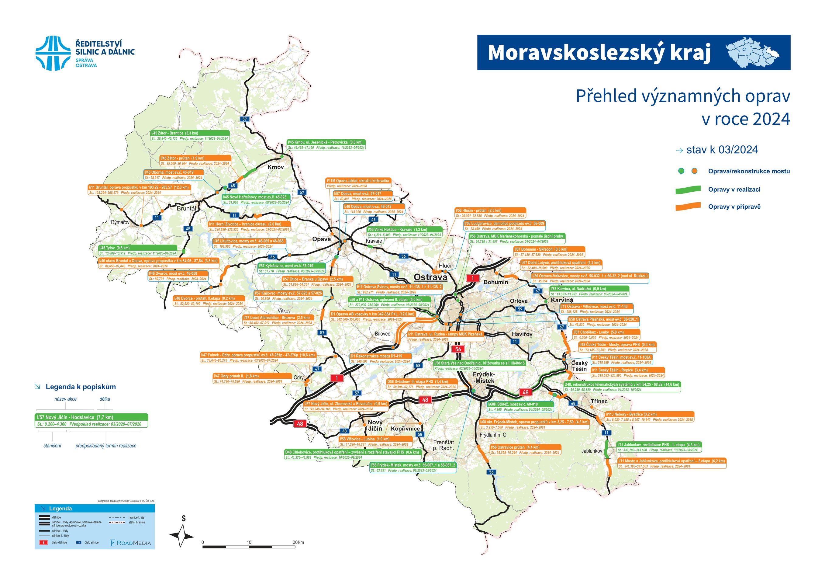 Přehled významných oprav v Moravskoslezském kraji v roce 2024 - Přehled oprav v Moravskoslezském kraji (1/5)