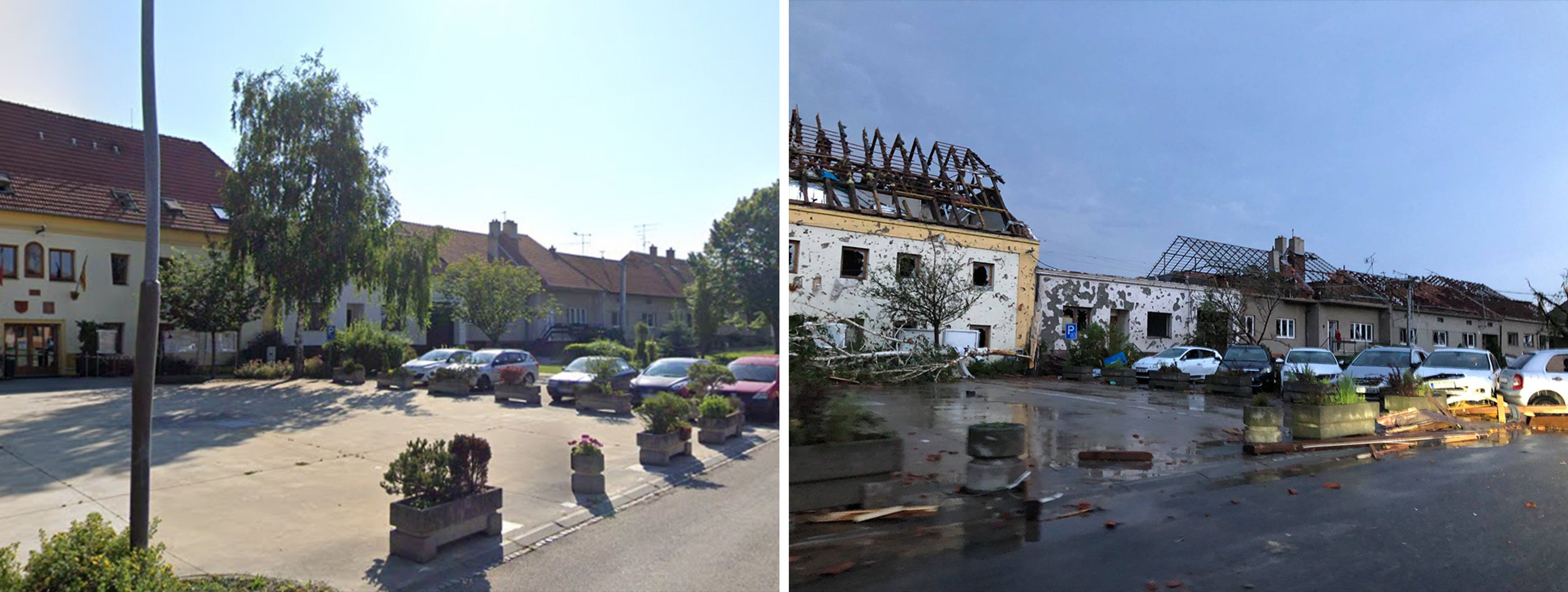 Srovnání - Tornádem zničená místa: Úřad v obci Moravská Nová Ves - 3 - GALERIE: Srovnání - Tornádem zničená místa (10/13)