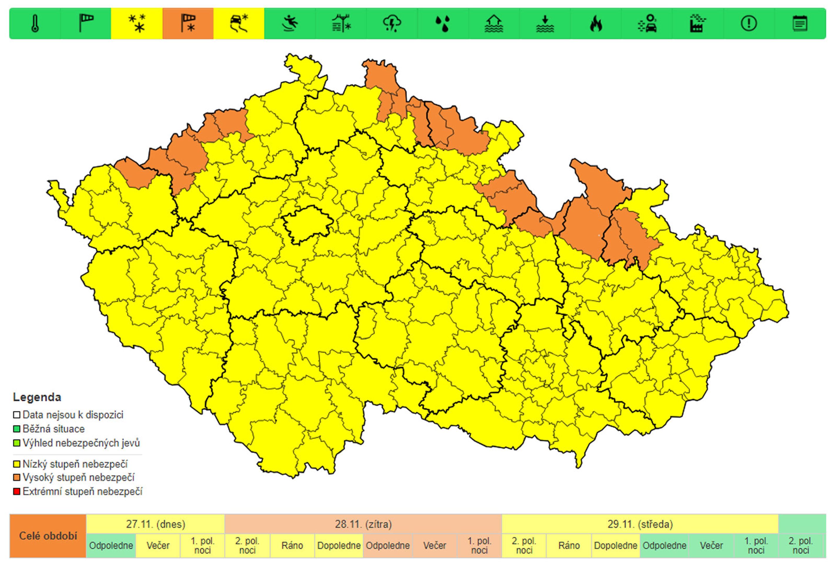Výstraha před náledím a sněhovými jevy platná od 27. do 29. 11. 2023 - Výstraha před sněžením (1/6)