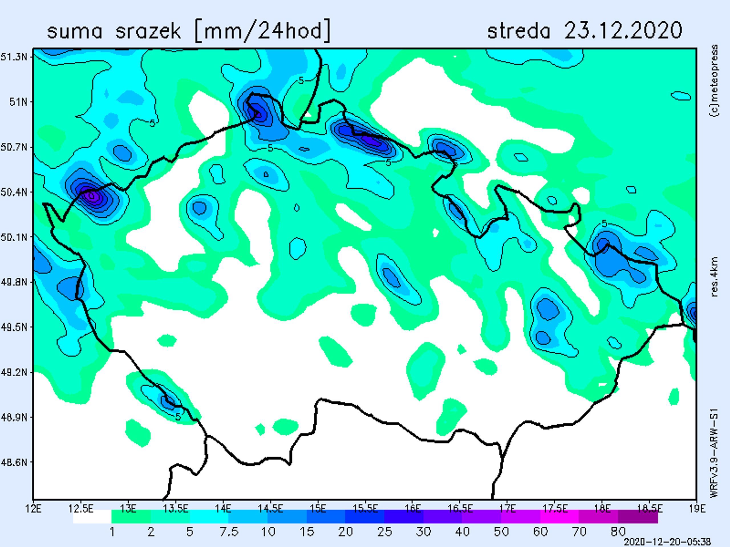 Mapa srážek - středa 23. 12. 2020 - GALERIE: Srážkové mapy na začátek vánočního týdne (3/3)