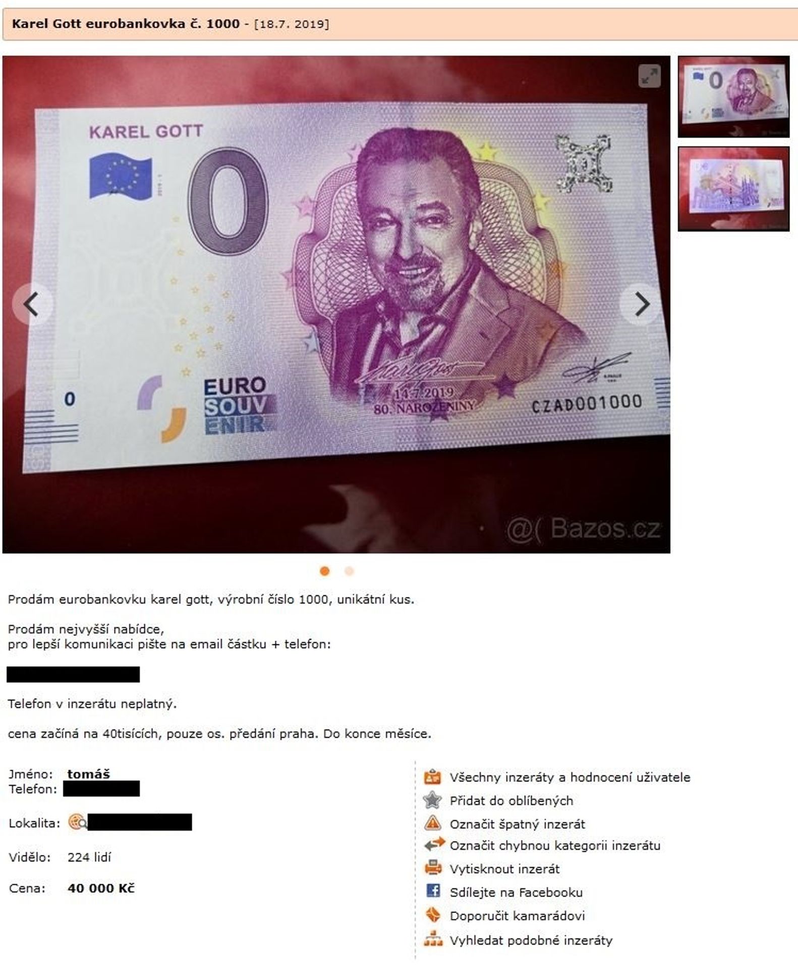 Bankovky s Karlem Gottem se prodávají za desítky tisíc - 5 - GALERIE: Výběr nejdražších inzerátů bankovek s Karlem Gottem (2/6)