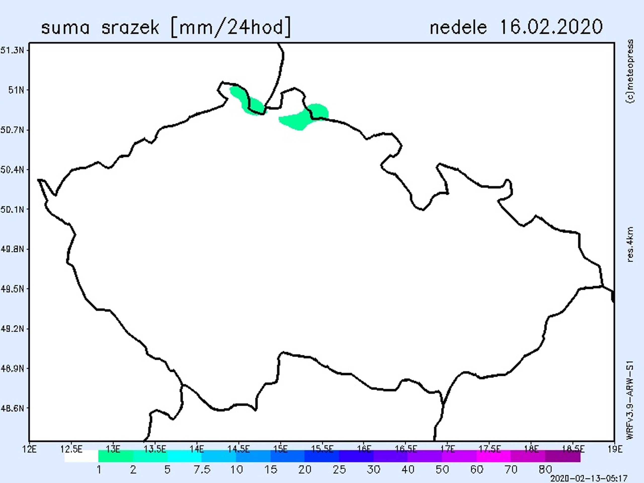 Mapa srážek - neděle 16. února - GALERIE: Srážkové mapy - čtvrtek až neděle (4/4)
