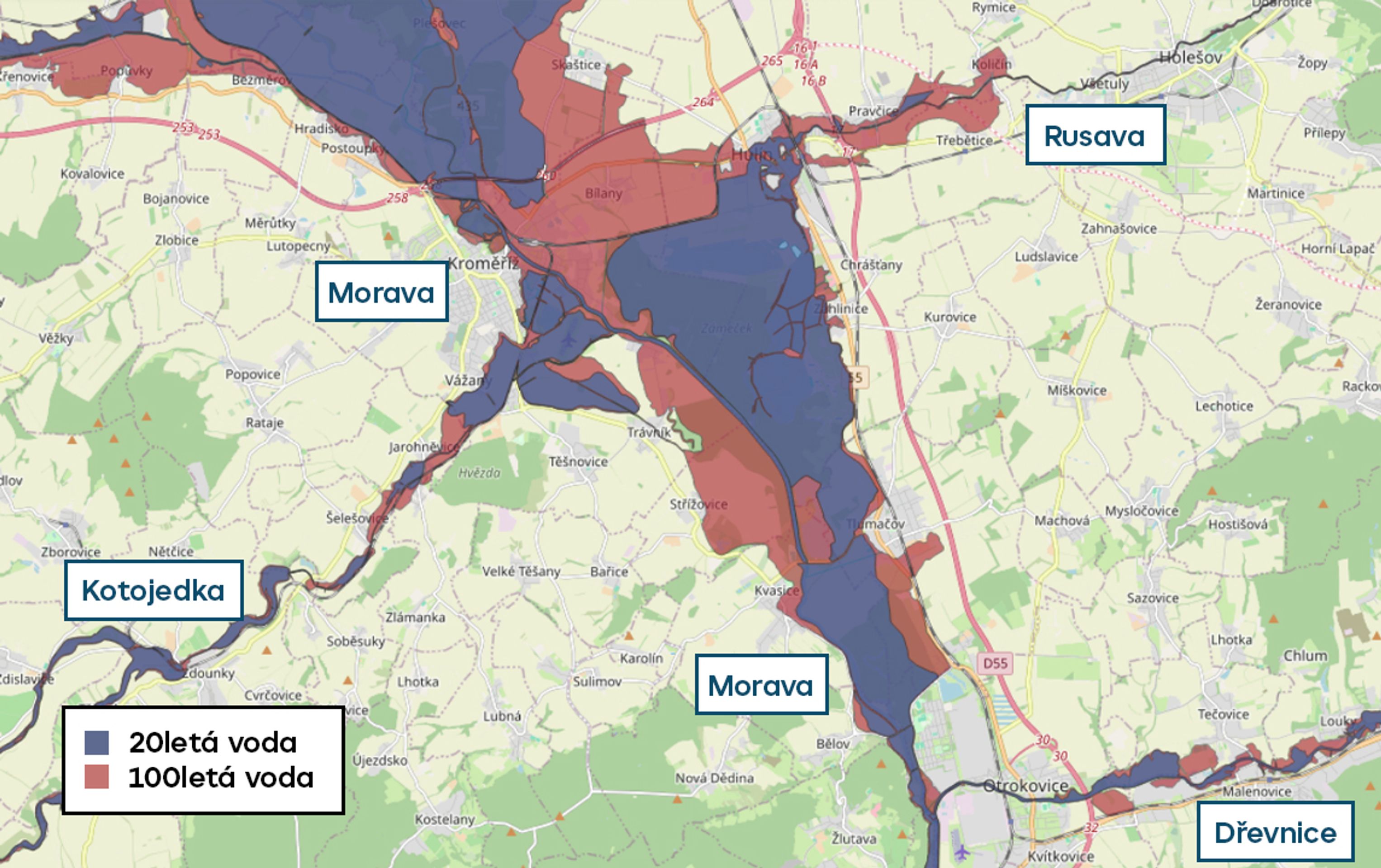 Povodňové mapy - Morava, Rusava - 20letá a 100letá voda (3/20)