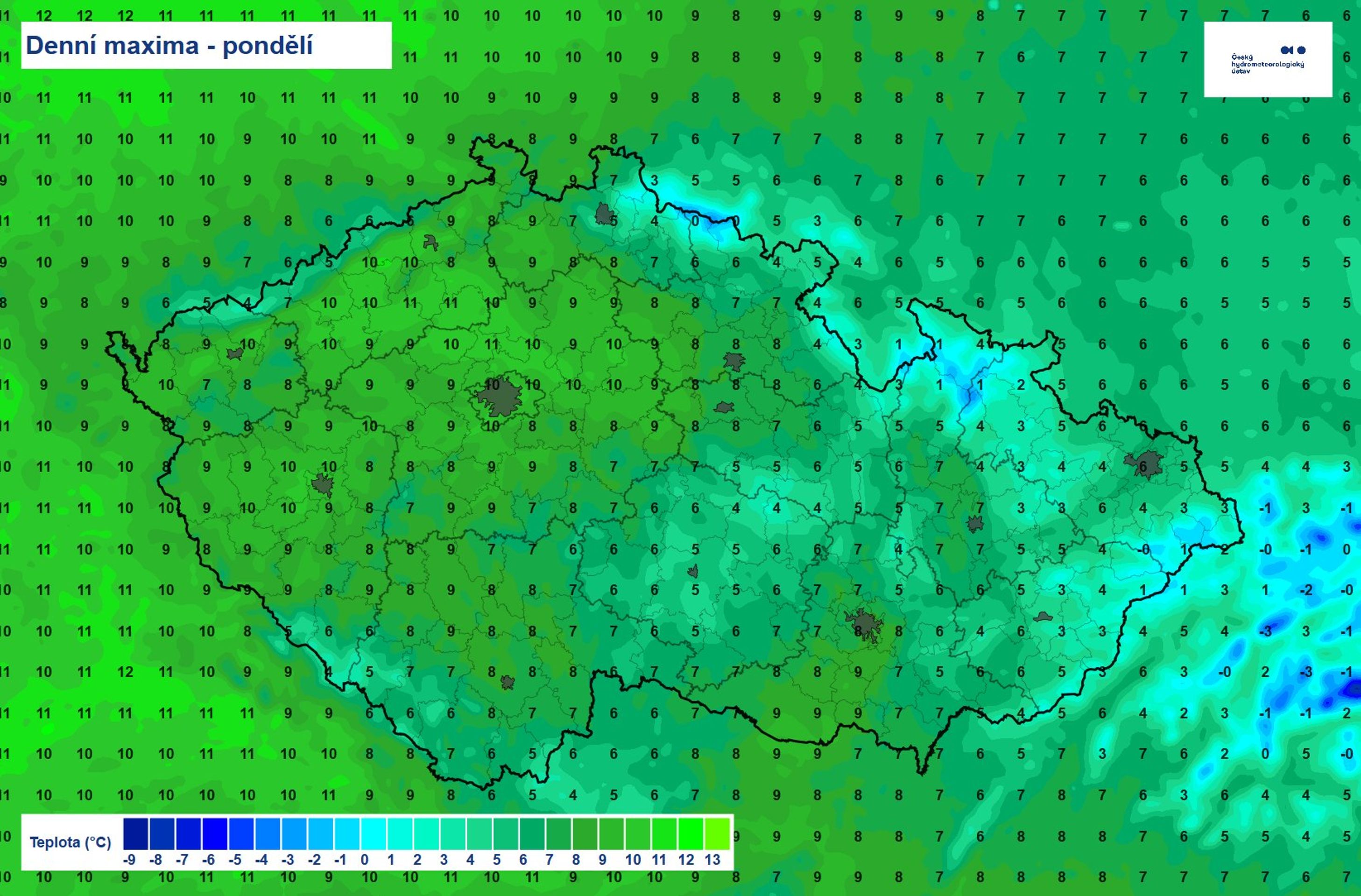 Denní maxima, pondělí 7. 4. 2025 - Předpověď počasí (2/4)