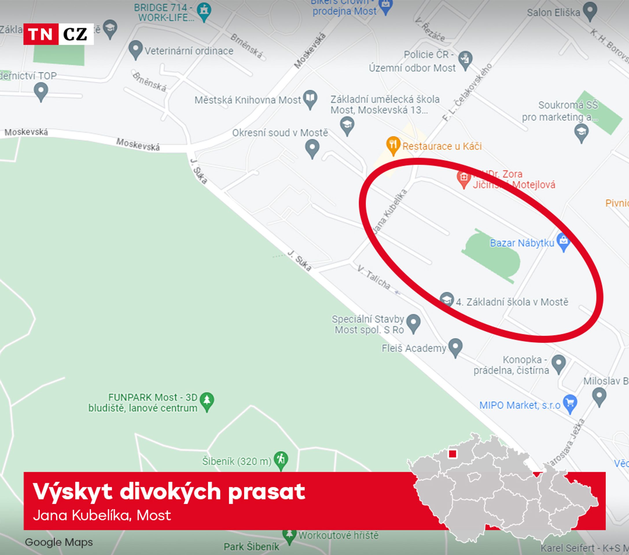 MAPA - Jana Kubelíka, Most - Výskyt divokých prasat - Mapa výskytu divokých prasat (3/4)