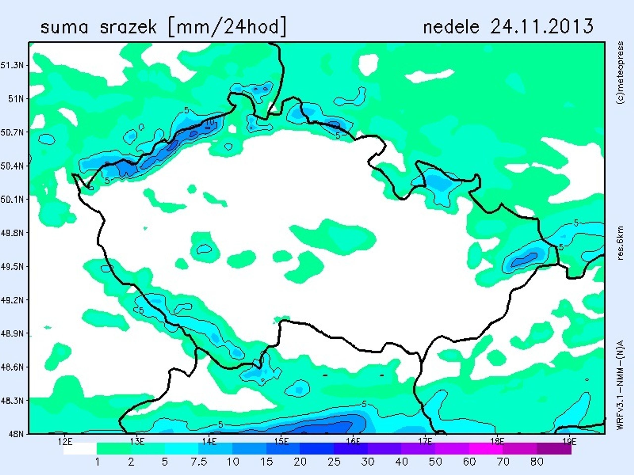 Mapa srážek na neděli - GALERIE: Mapy srážek na víkend (4/4)