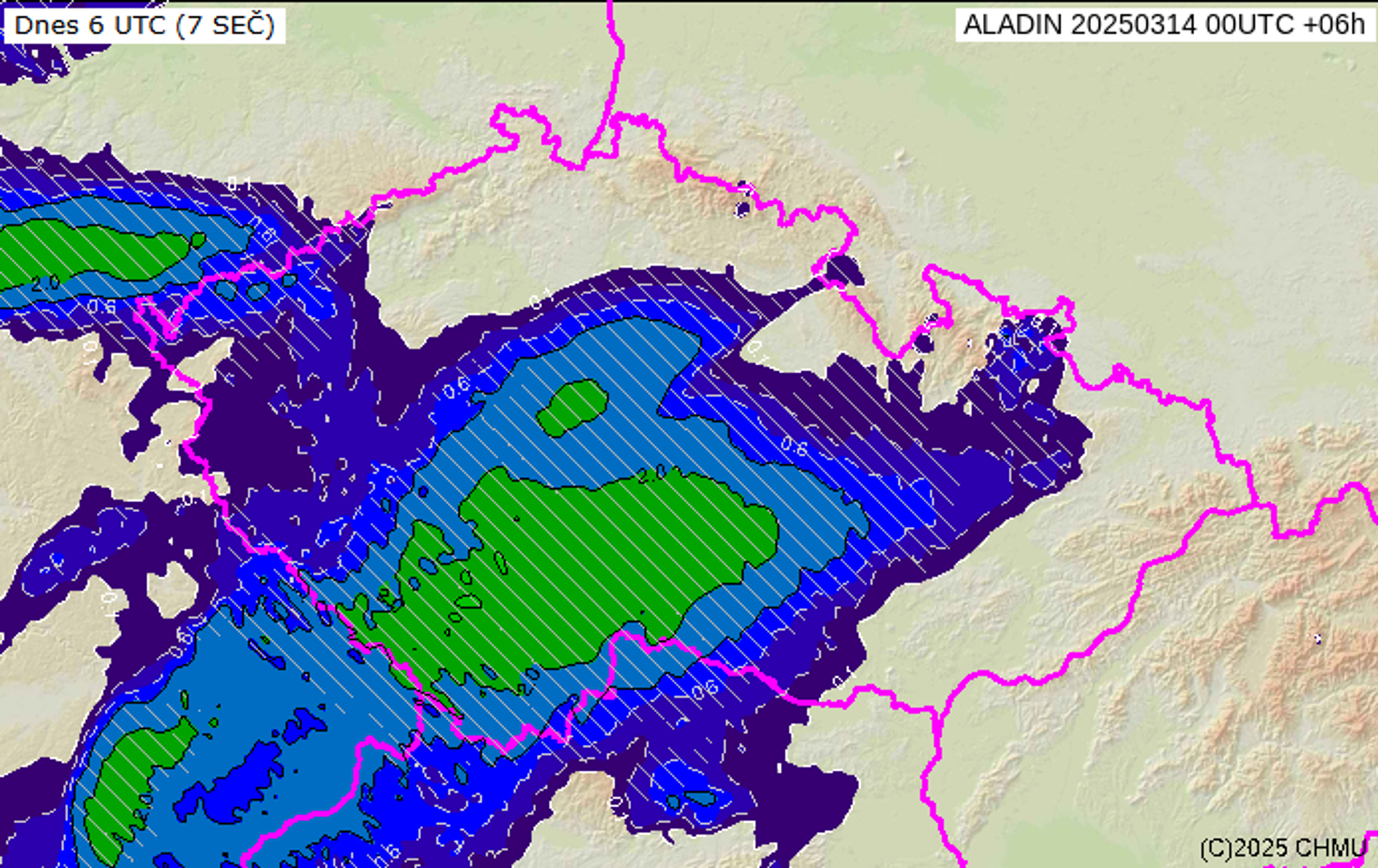 Srážky v pátek 14. března 2025 (šrafování značí sněžení) - Počasí na pátek 14. března (1/7)