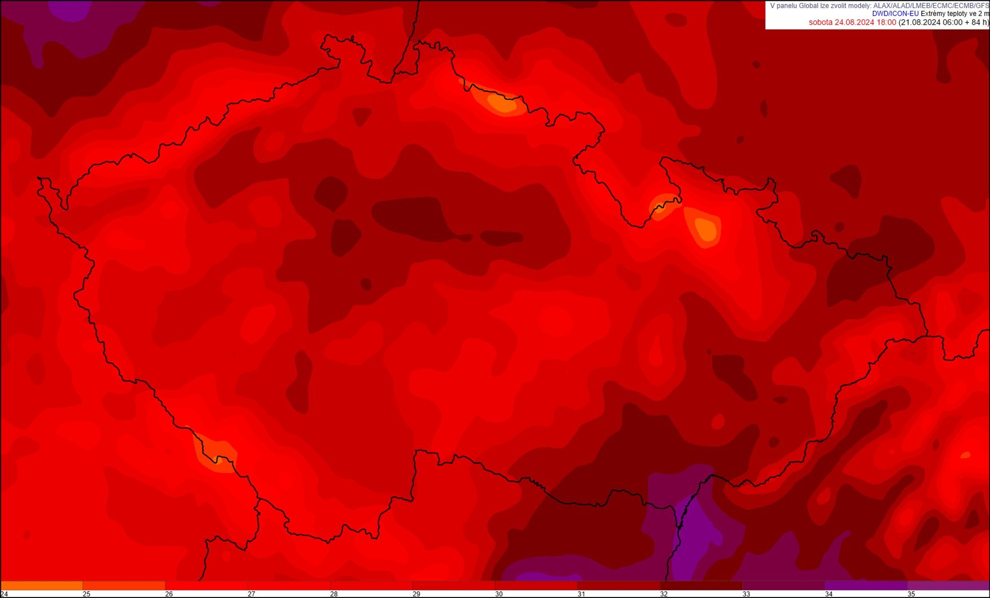 Nejvyšší teploty v sobotu 24. srpna - Teploty od čtvrtka 22. do soboty 24. srpna (3/3)