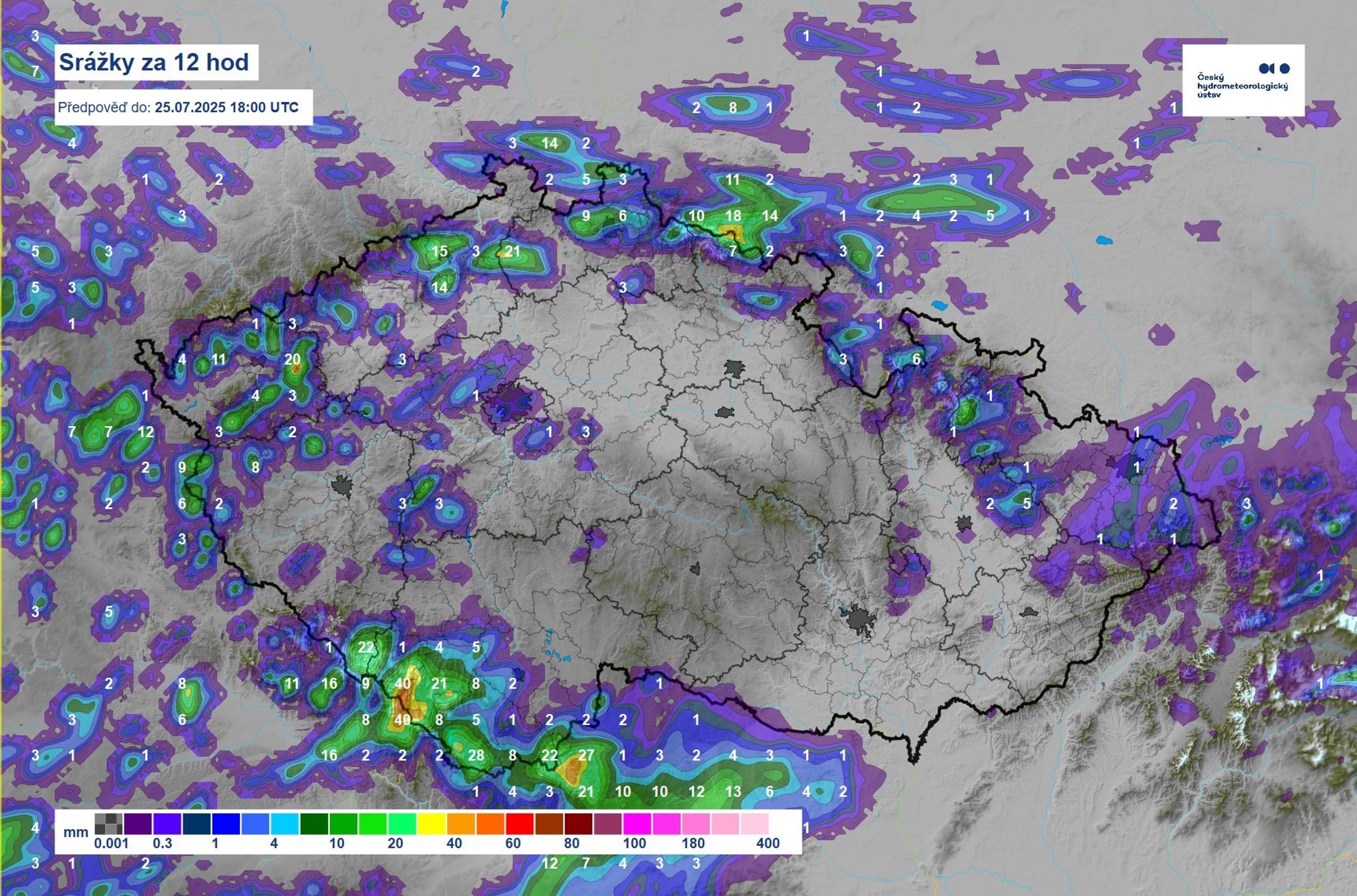 Srážky za 12 hodin, předpověď do 25. 7. 2025 18:00 - Předpověď počasí (3/3)