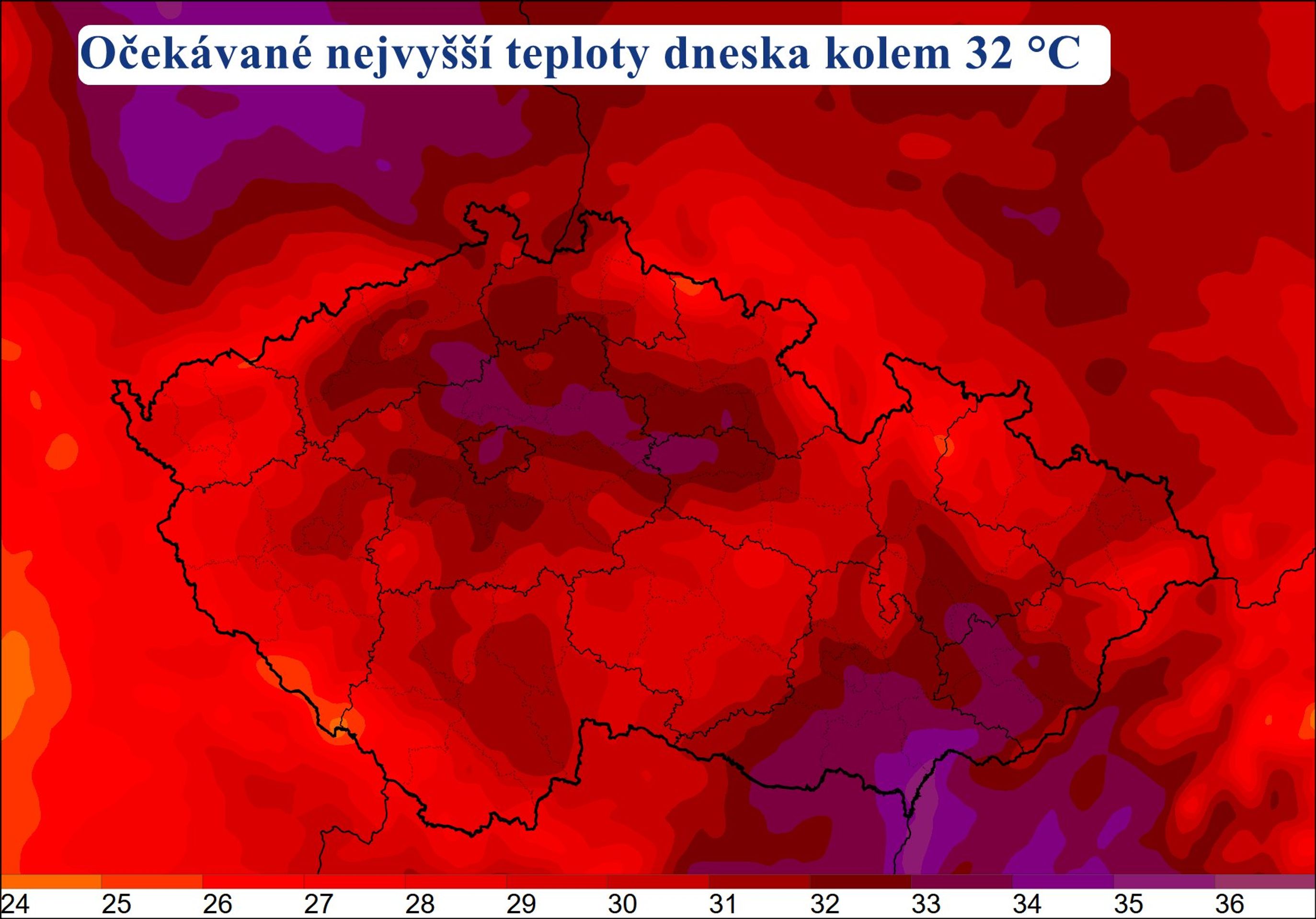 Očekávané nejvyšší teploty dneska kolem 32°C - Výstrahy na nejbližší dny (1/3)