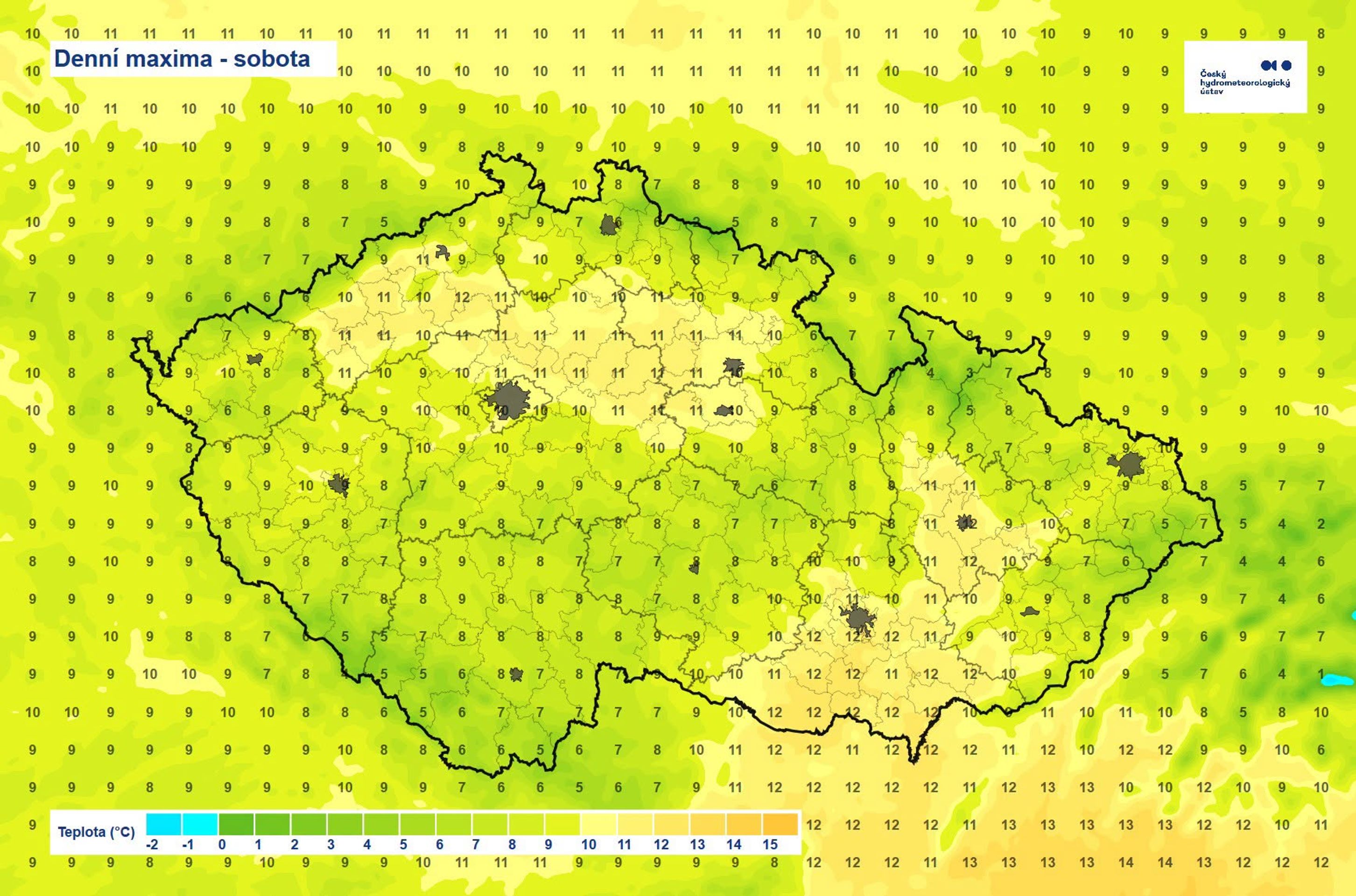 Denní maxima v sobotu 31. 10. 2026 - Předpověď počasí (2/3)