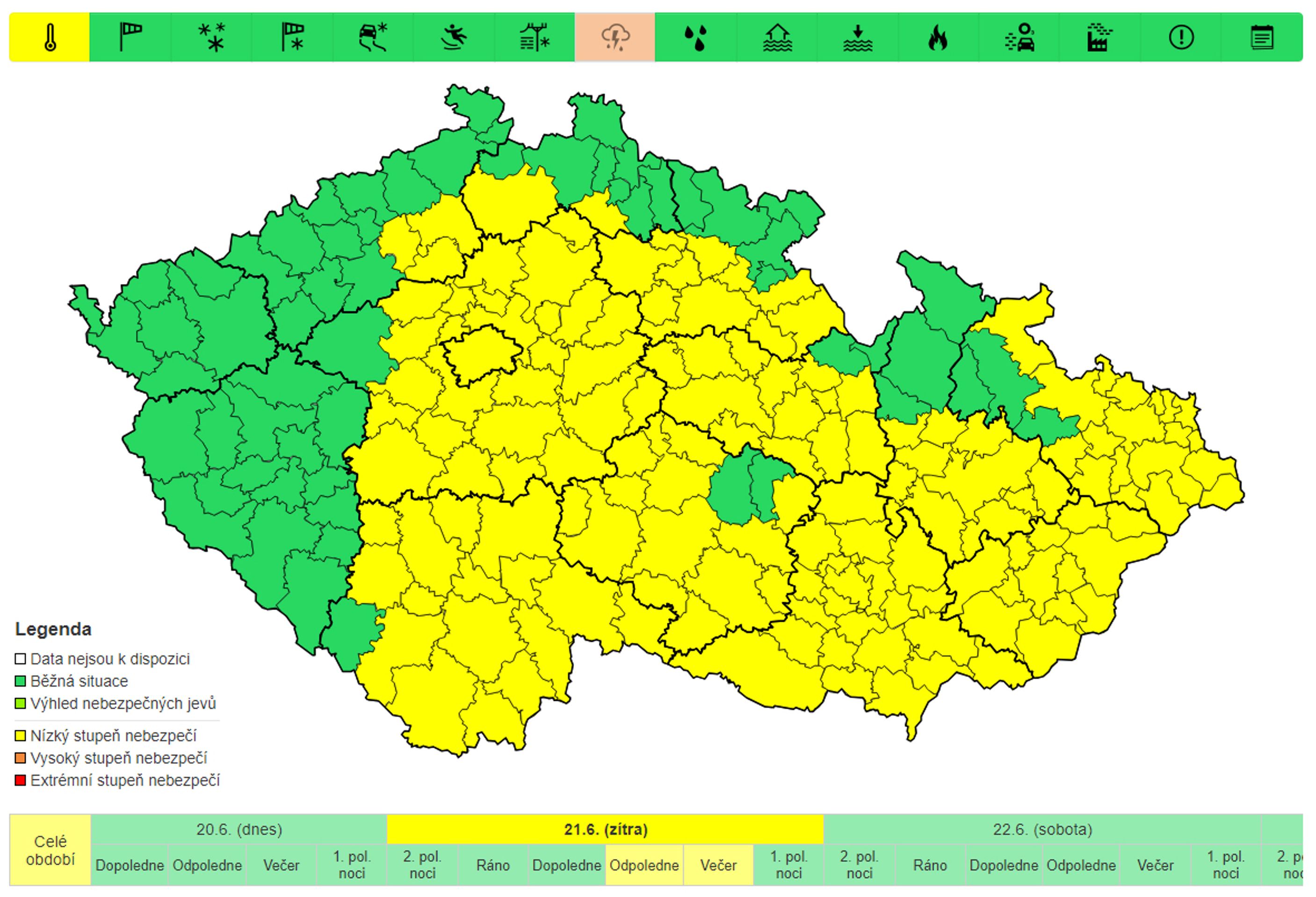 Varování před vysokými teplotami, 21. 6. 2024 - Aktuální výstrahy (1/3)