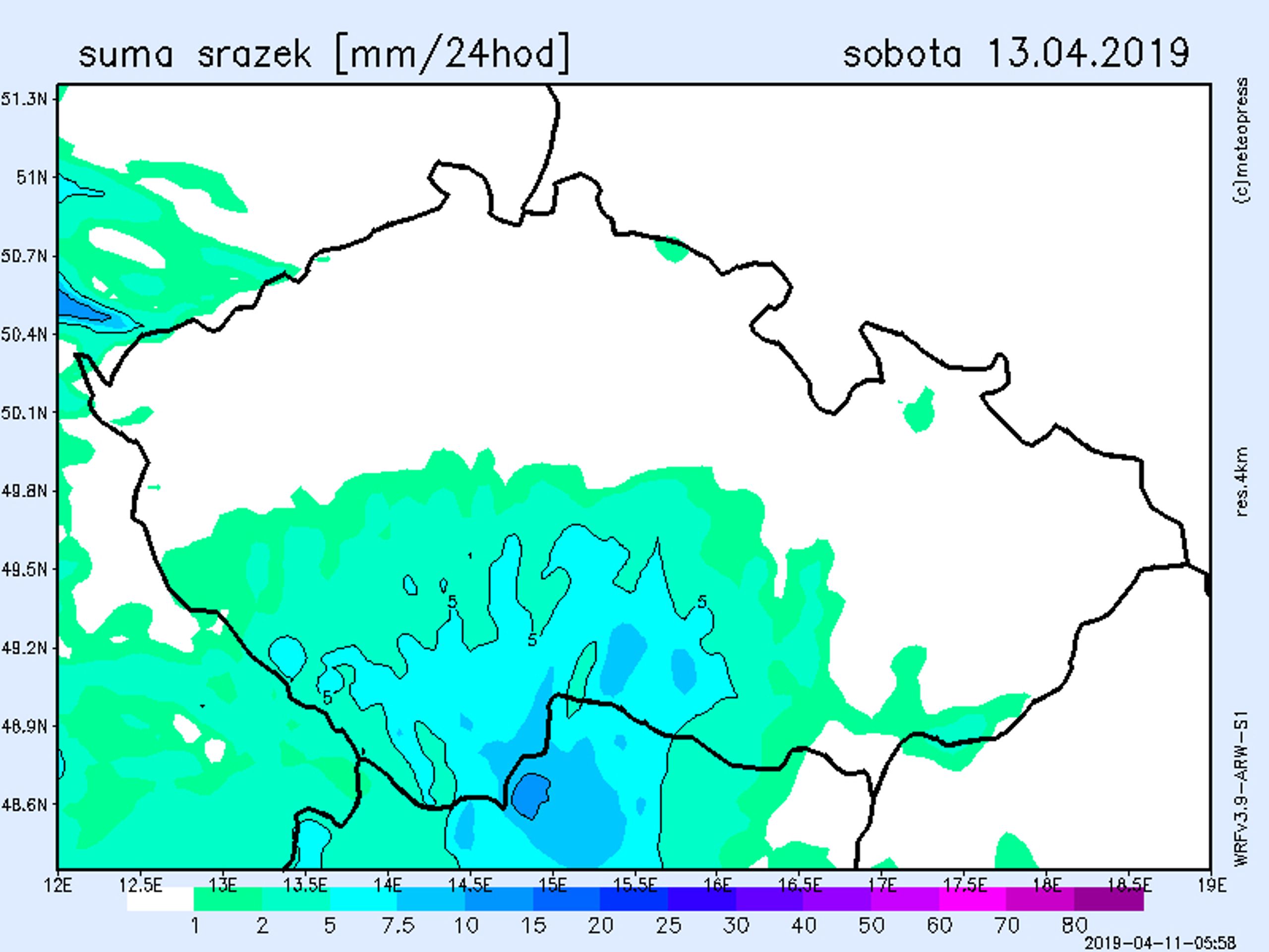 Mapa srážek 13. 4. 2019 - GALERIE: V Česku začne opět sněžit (5/6)