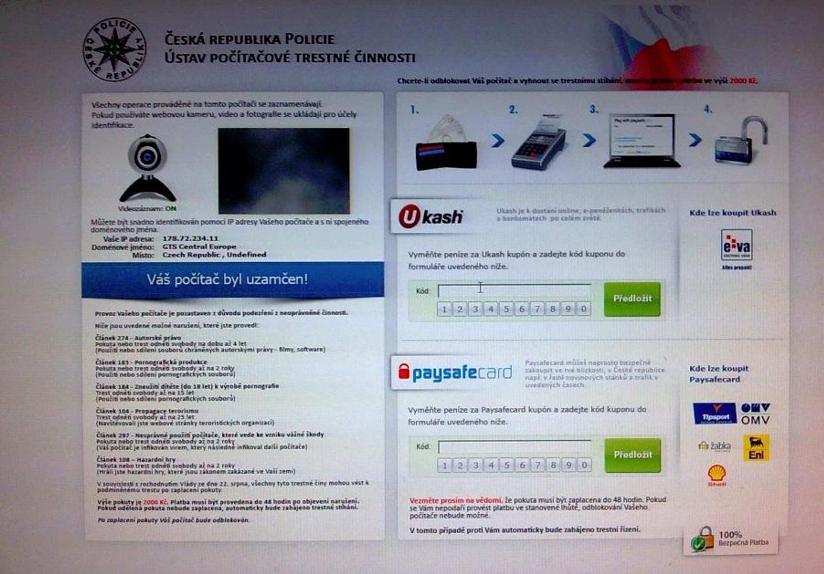 Vir: Zablokování PC policií - 2 - GALERIE: Vir - blokování počítače policií (1/3)