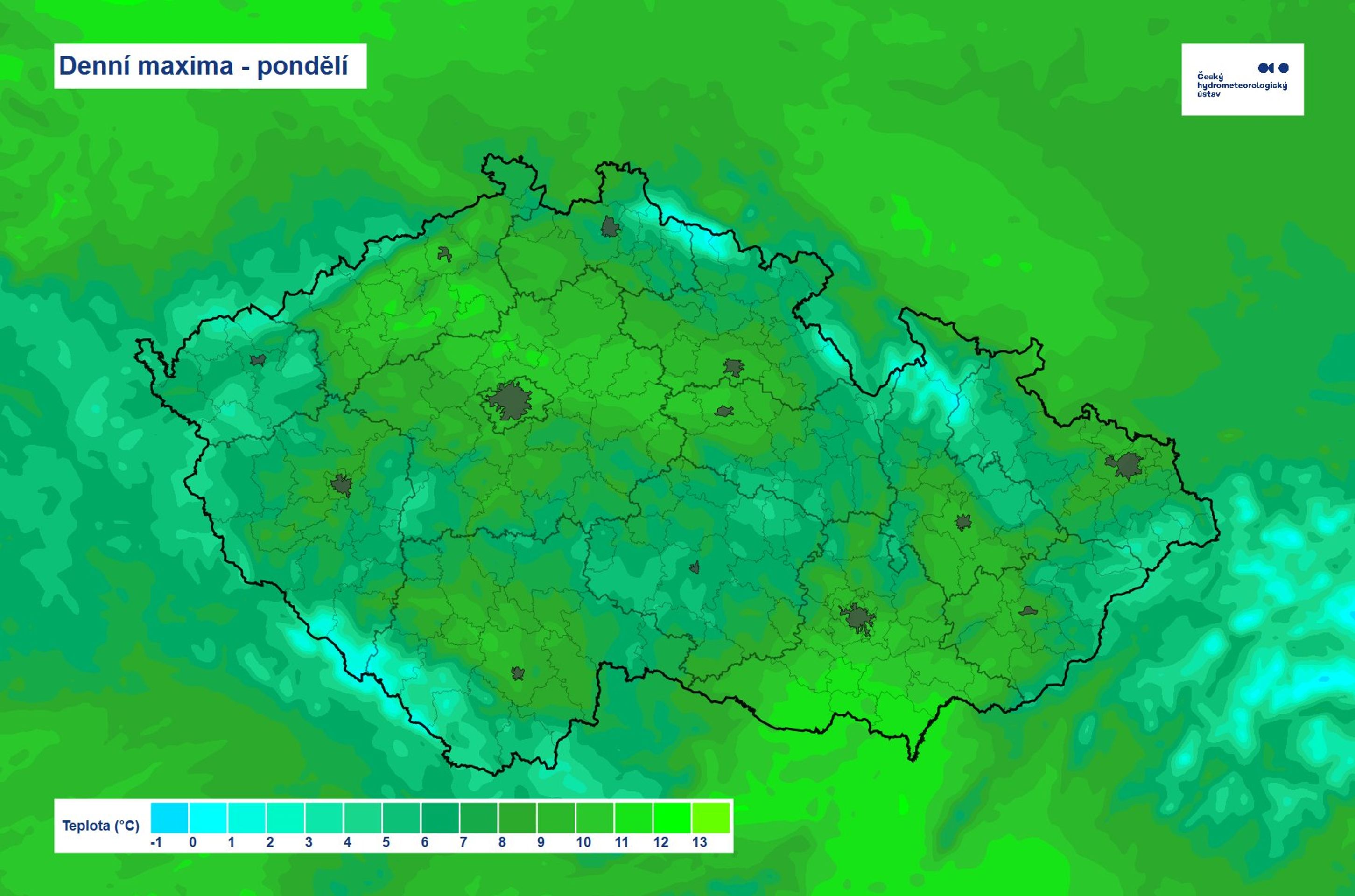 Pondělní denní maxima - Předpověď počasí (2/4)