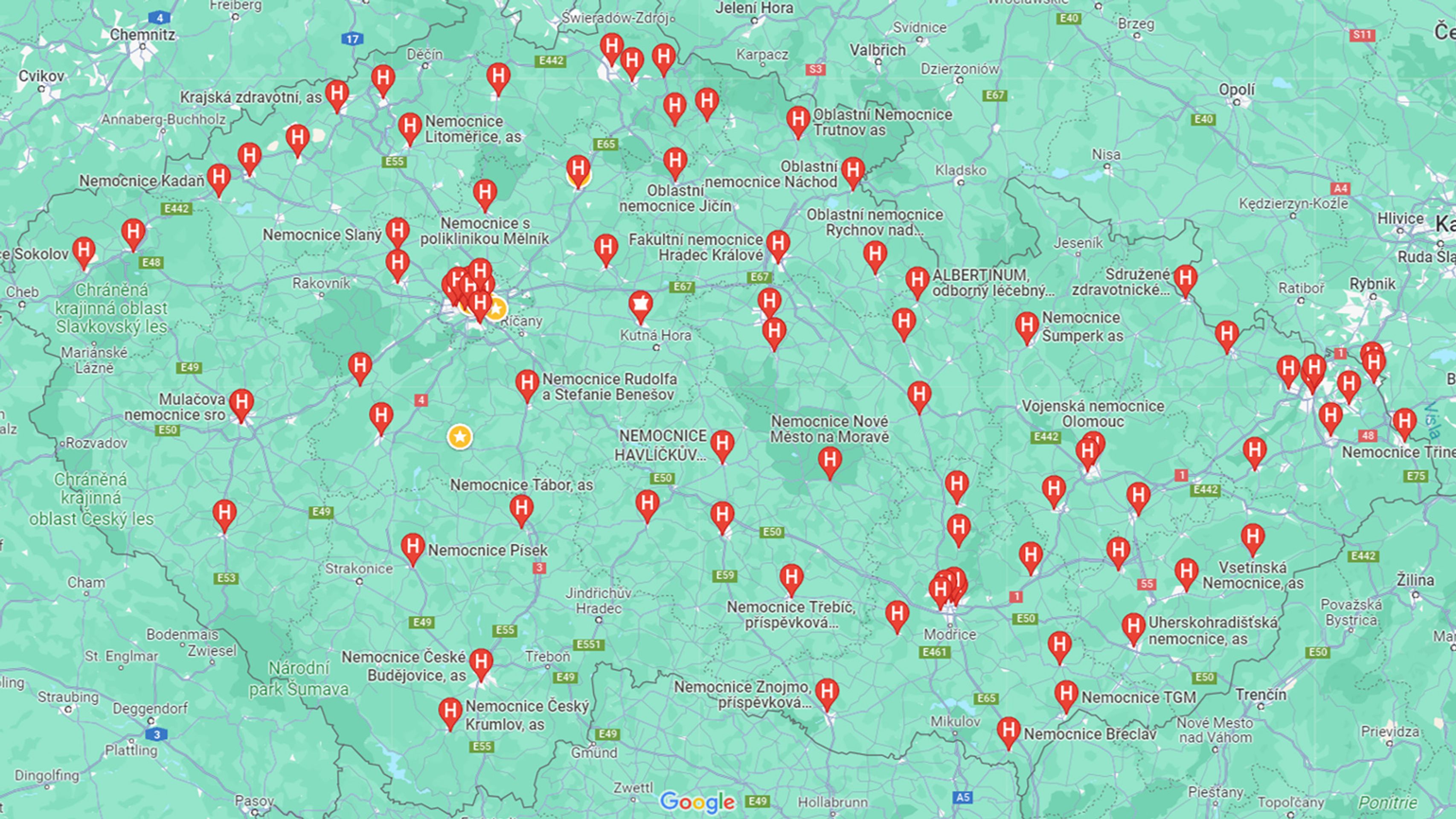Mapa nemocnic - Omezení provozu v nemocnicích (3/4)
