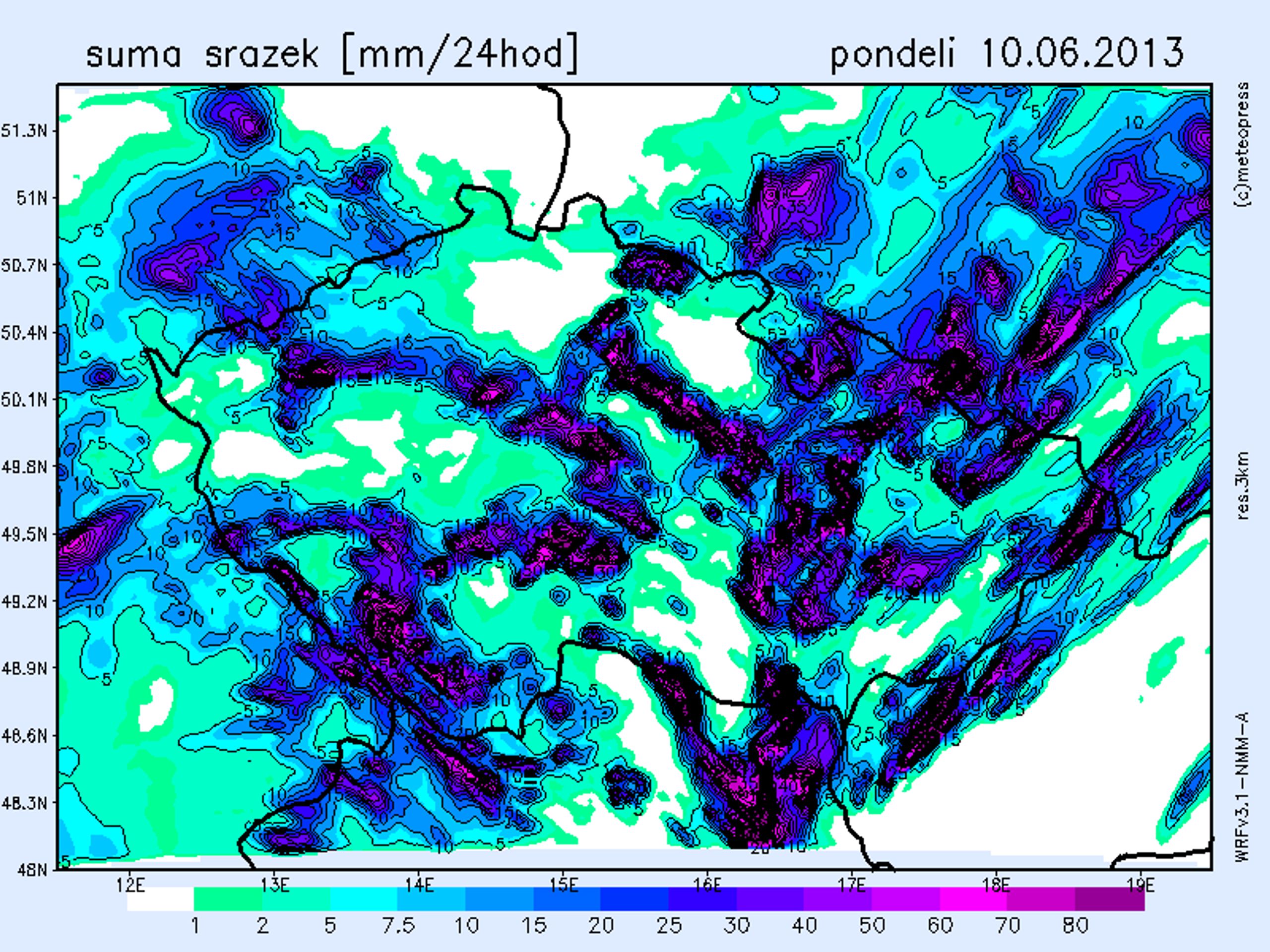 Mapa srážek - pondělí - GALERIE: Mapa srážek (2/2)
