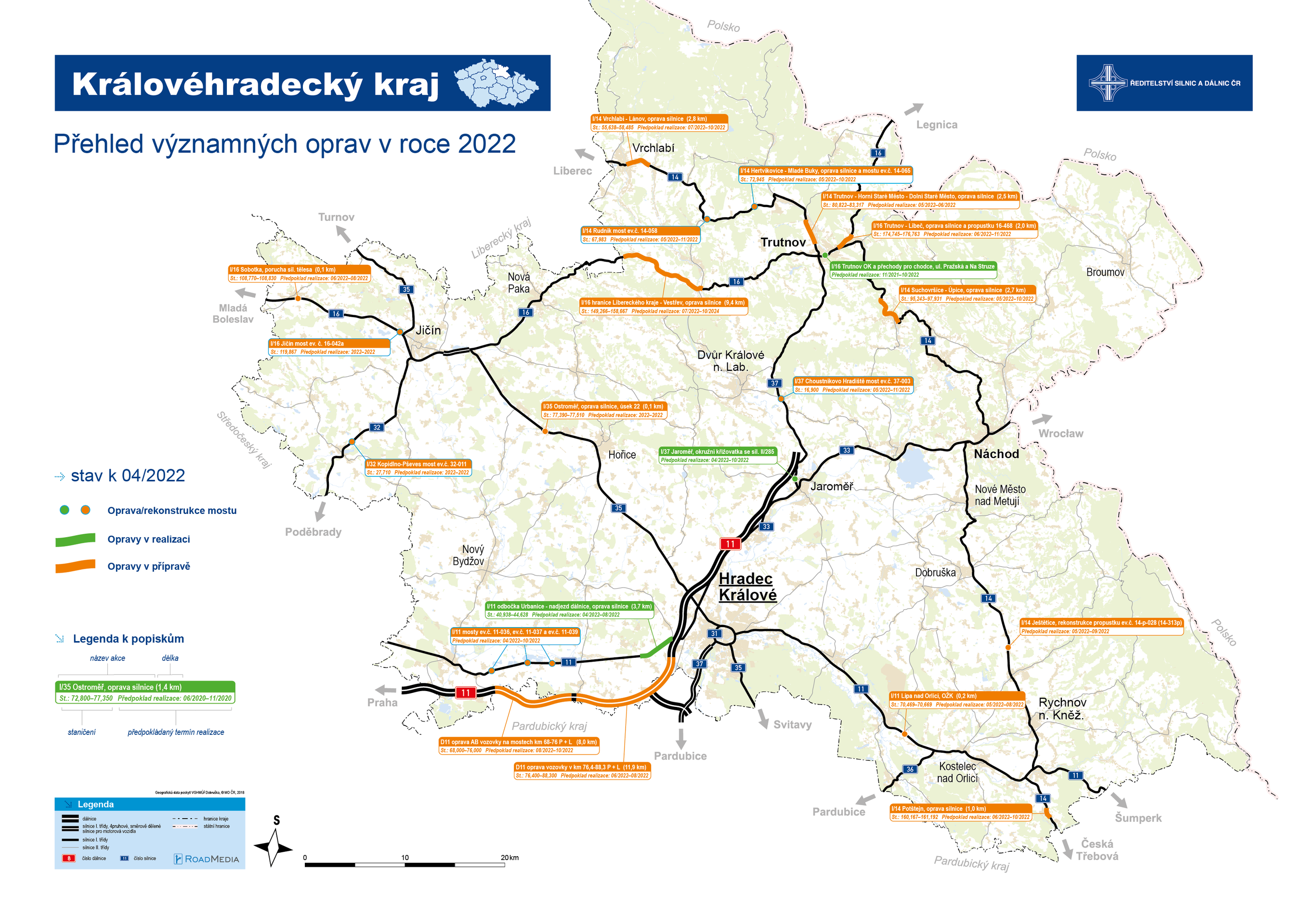 Mapa oprav - Královéhradecký kraj - Mapy oprav silnic v roce 2022 (8/13)