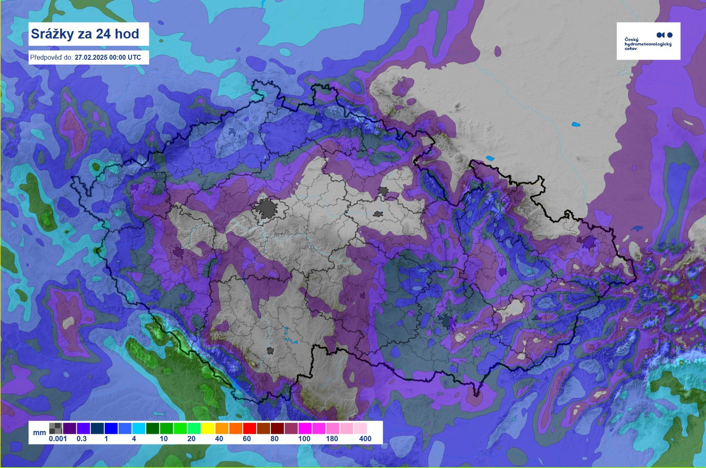 Srážky za 24 hodin, předpověď do 27. 2. 2025 - Předpověď počasí (1/3)