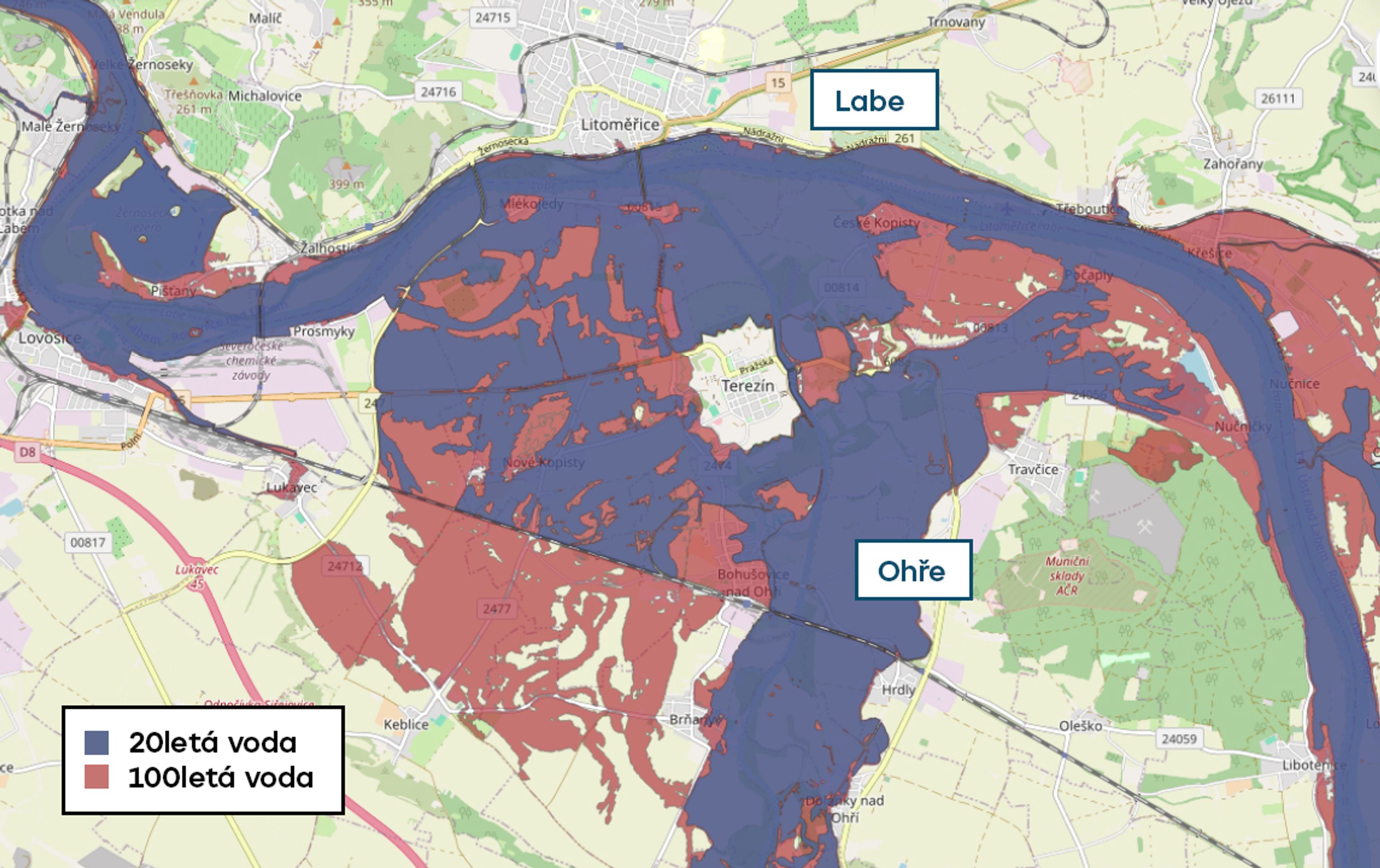 Povodňové mapy - Terezín, Litoměřice - 20letá a 100letá voda (18/20)