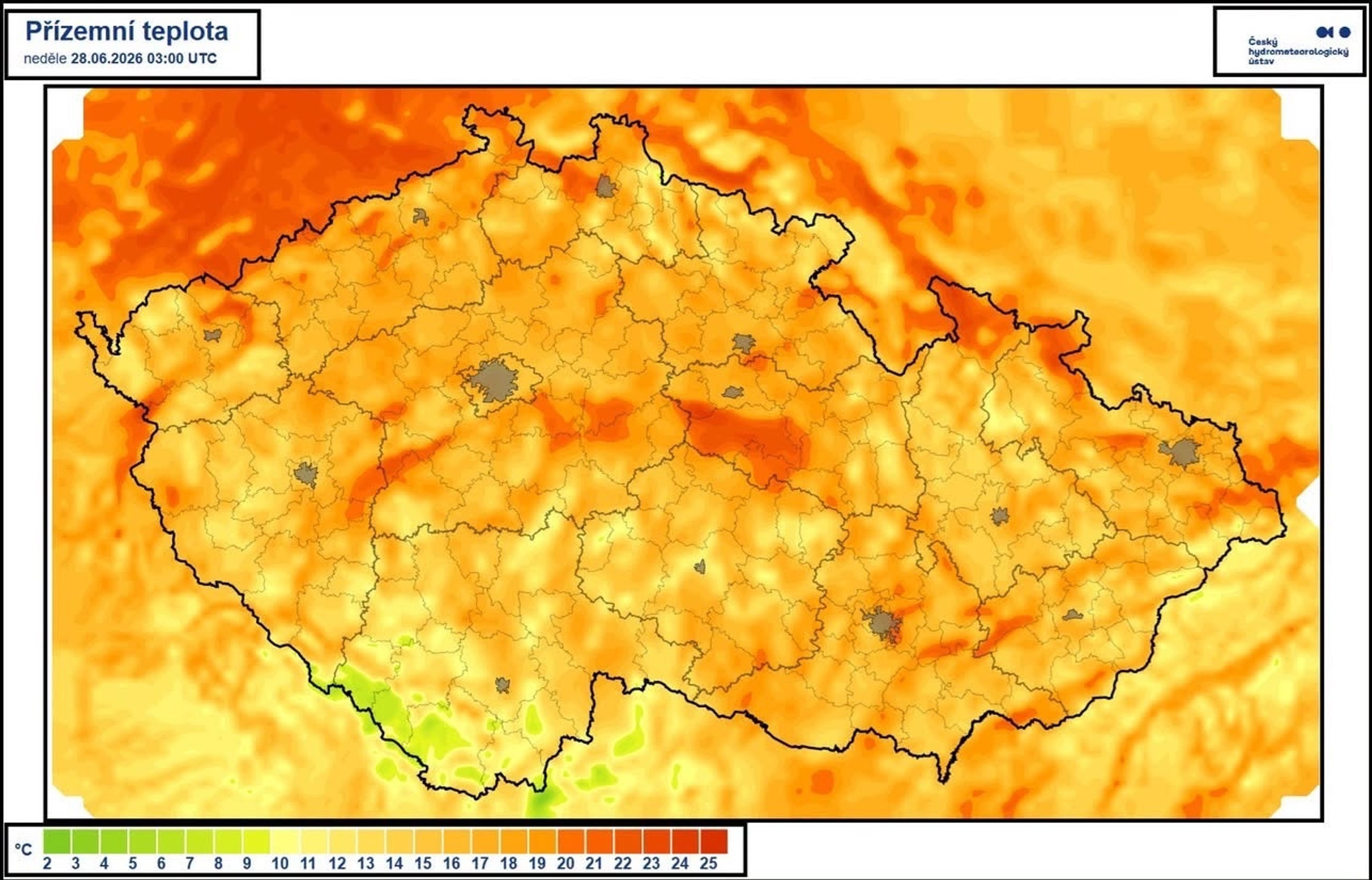 Teploty v neděli nad ránem - Mapy ČHMÚ (1/2)
