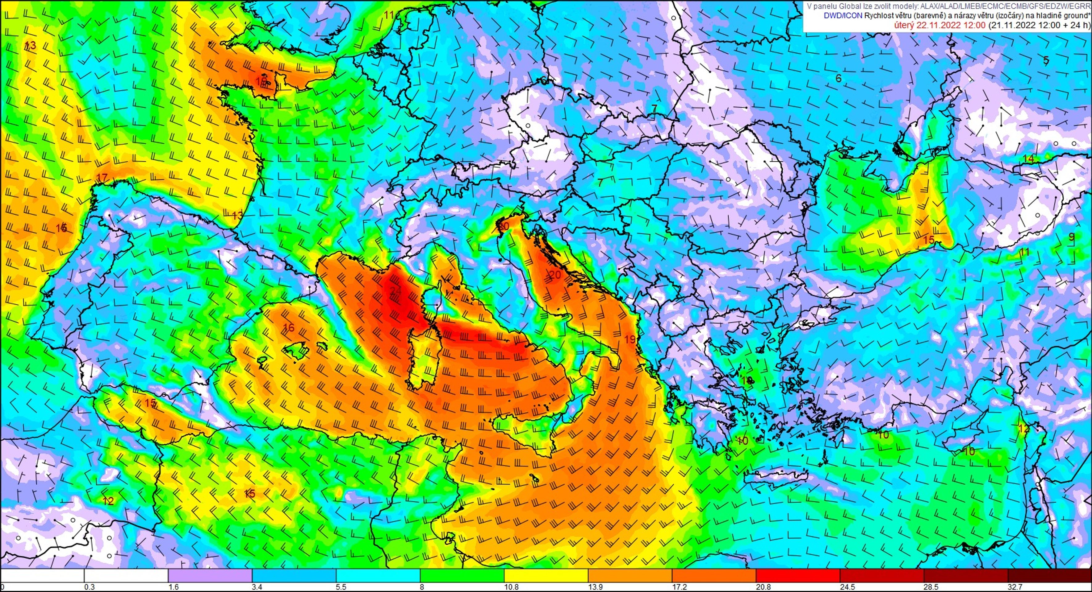 Vítr 22. 11. 2022 12 UTC dle modelu ICON (DWD), (praporky: směr a průměrná rychlost, barevně nárazy v m/s) - Mapy ČHMÚ (2/4)