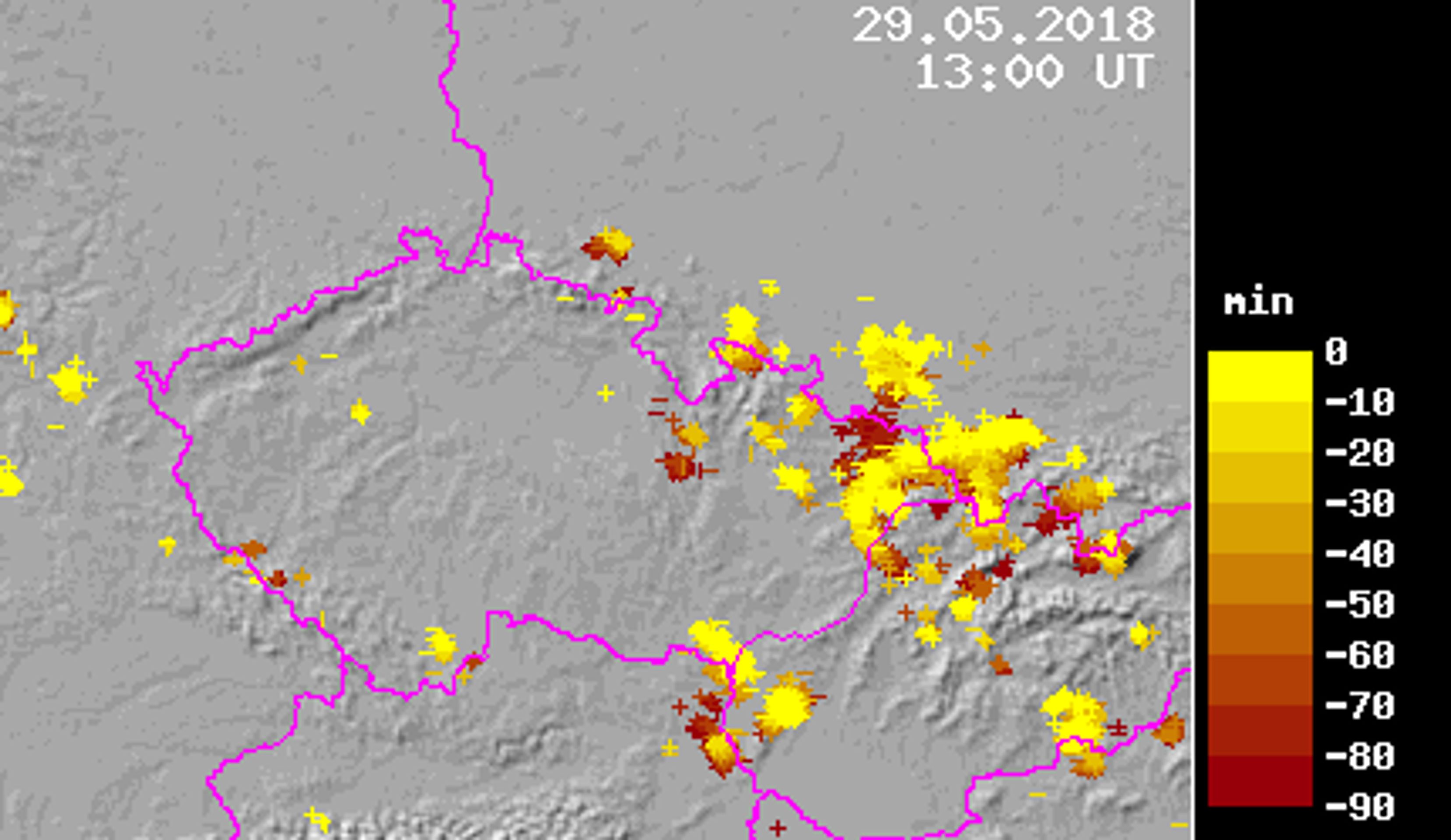 Mapa detekce blesků 29. 5. 2018 - 15:00 - GALERIE: Do Česka se přihnaly silné bouřky (3/4)