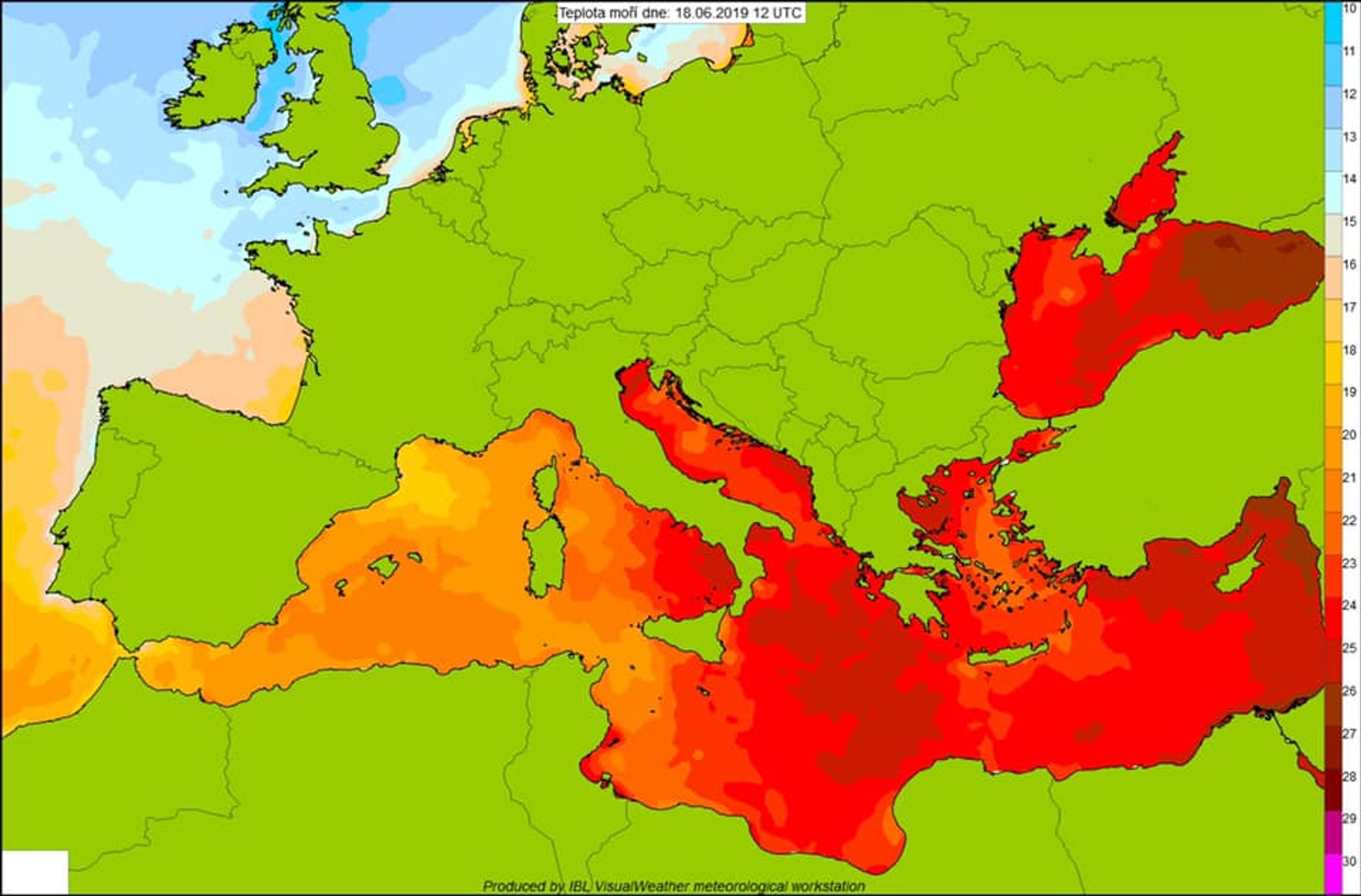 Teplota moří 18. 6. 2019 - 12:00 UTC - GALERIE: Teplota vody (1/1)